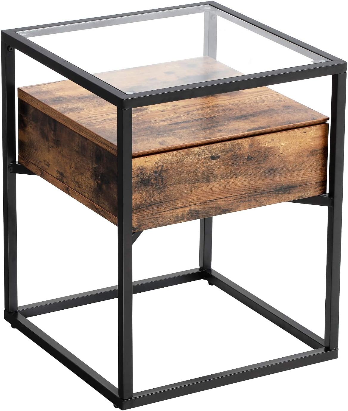 VASAGLE Side Table, Nightstand, Tempered Glass End Table, with Drawer and Shelf, Decoration in Living Room, Stable Steel Frame, Industrial, Rustic Brown and Black ULET04BXV1