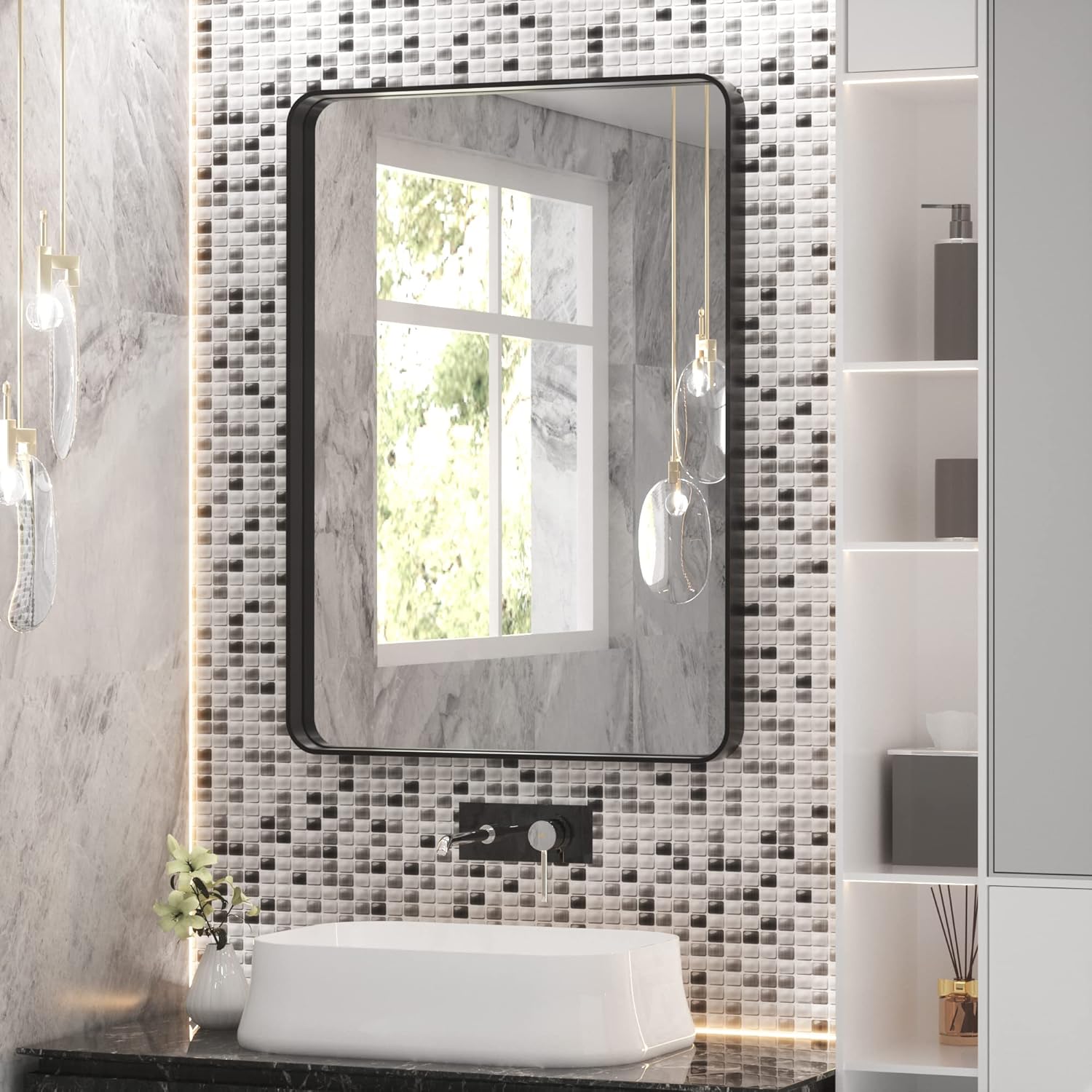 TETOTE Black Framed Mirrors for Bathroom, 22x30 Inch Brushed Metal Frame Wall Mounted Rectangle Mirror for Vanity (Horizontal/Vertical)