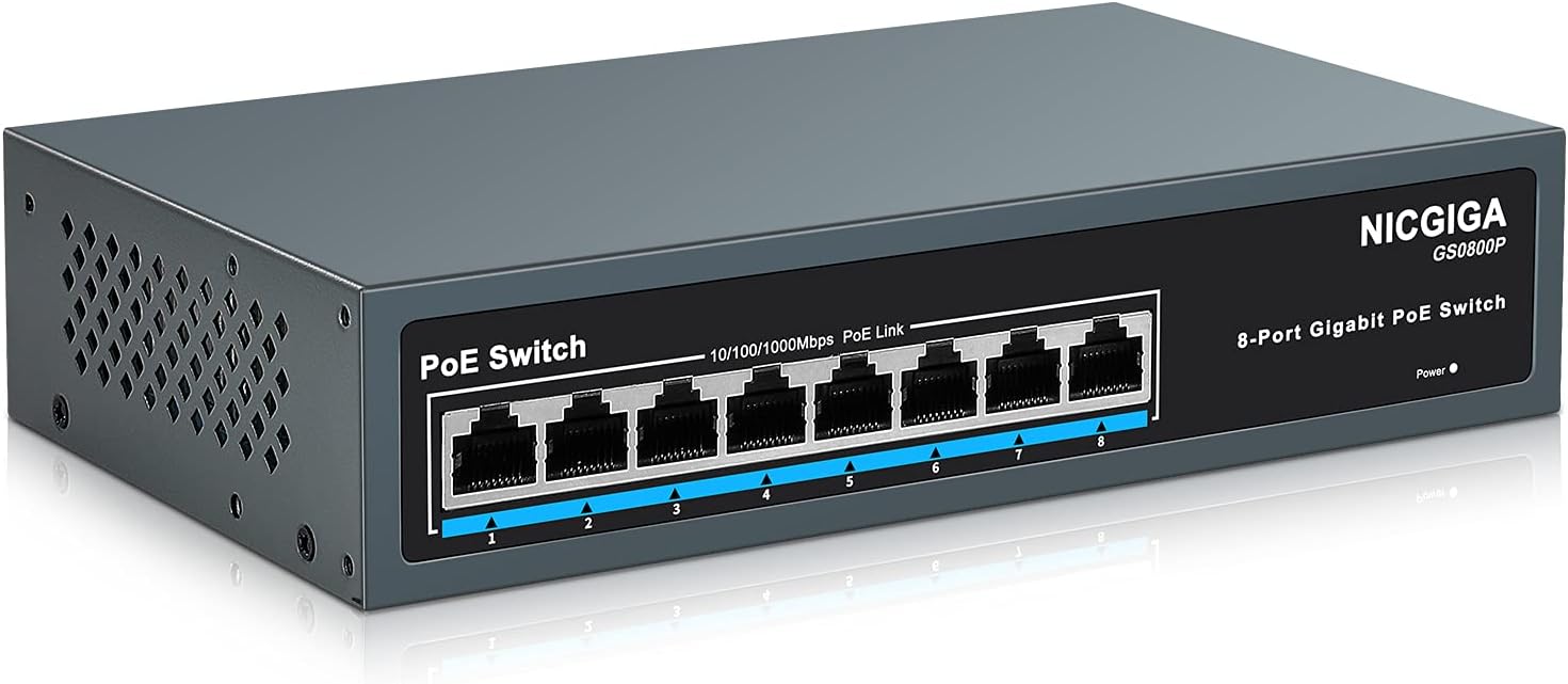 NICGIGA 8 Port Gigabit PoE Switch with 8 Port PoE+ @120W, Sturdy Metal Fanless Housing for Desktop/Wall/Rack Mount, Plug and Play, Unmanaged Power Over Ethernet Switch(GS0800P) Pack of 2