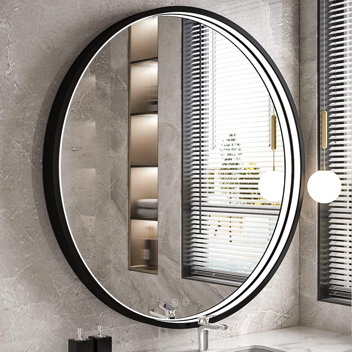 FTOTI LED Round Mirror,36 Inch Black Metal Frame Bathroom Mirror with Light,6000K Lighted Vanity Mirror,Wall Mounted ,Anti-Fog & Dimmable Touch Switch, Waterproof IP54