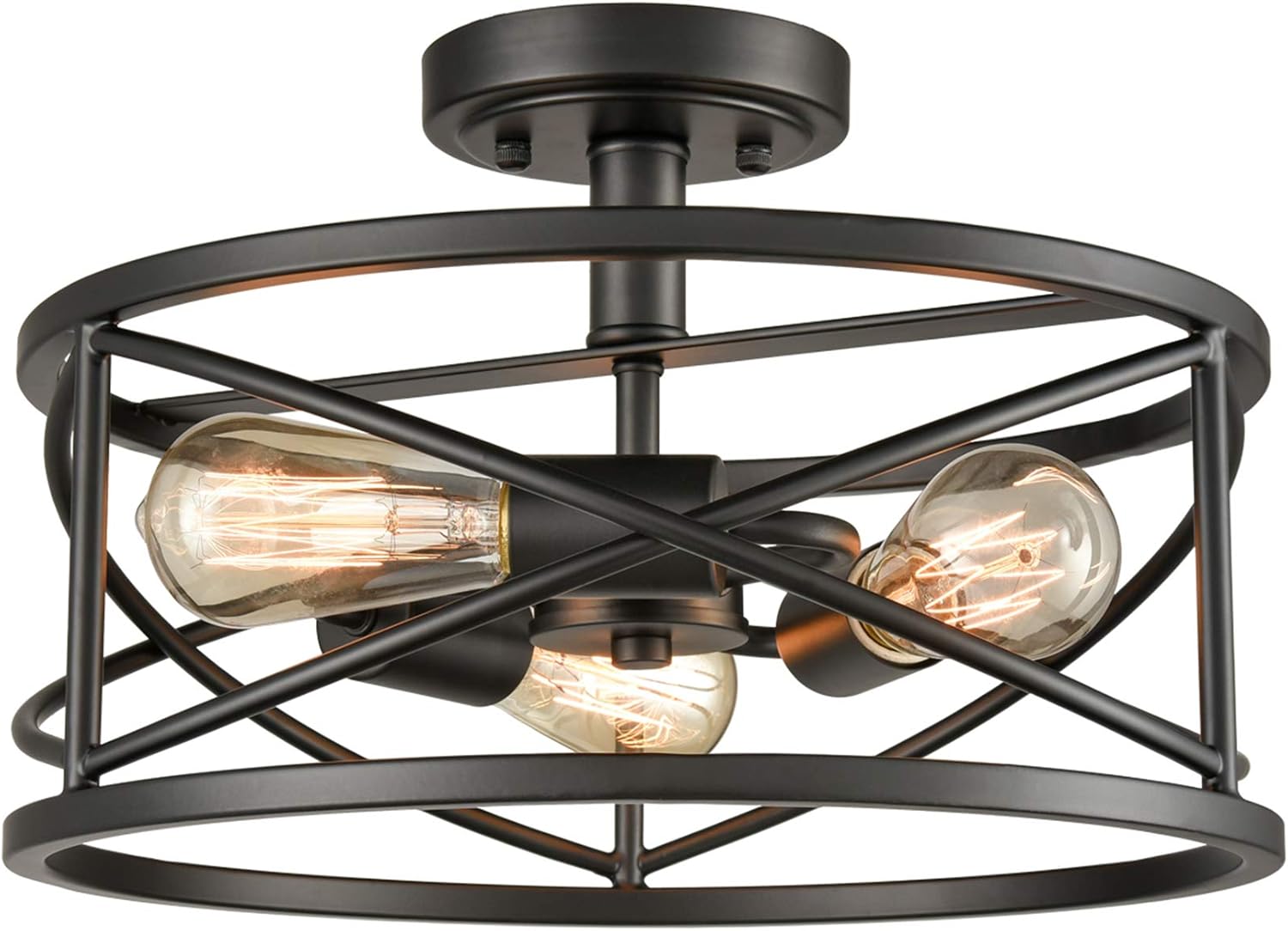 DAYCENT Rustic Semi Flush Ceiling Lights Metal Drum Ceiling Light, 3-Light, Black