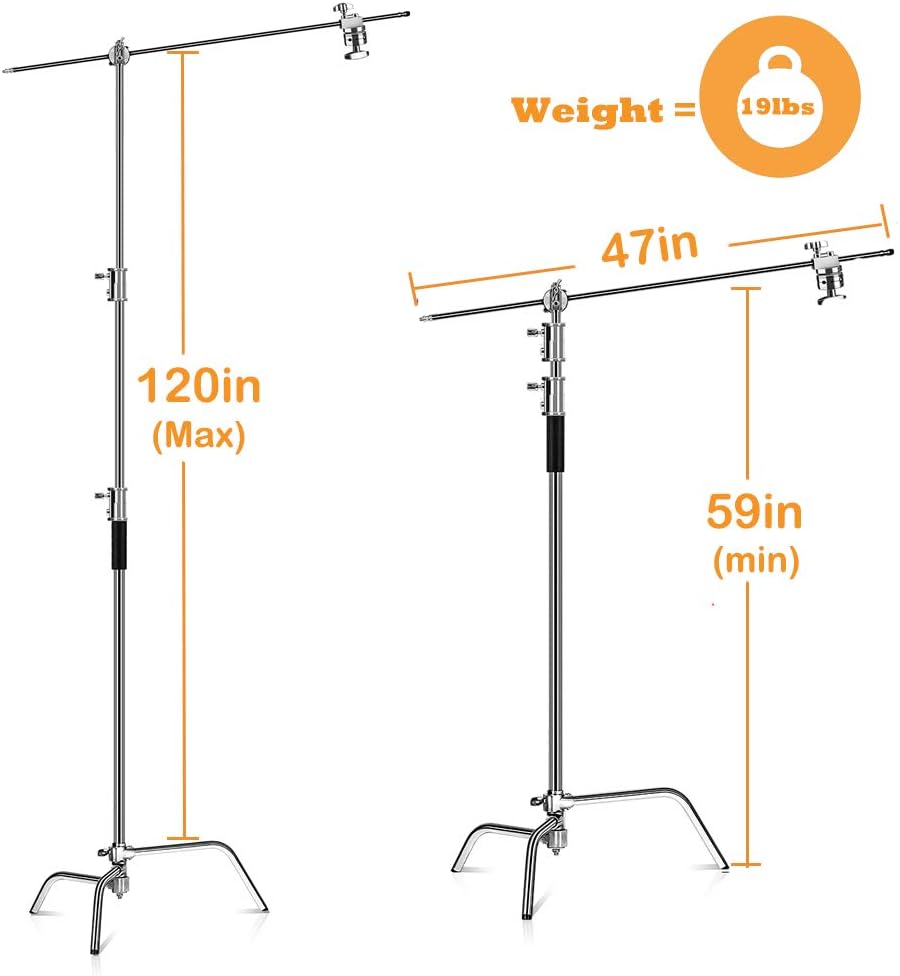ShowMaven 10ft (Century) Light Stand C-Stand on Turtle Base with 4ft Extension Boom Arm & 2 Pieces Grip Head for Photography Studio Video Reflector, Monolight and Backdrops