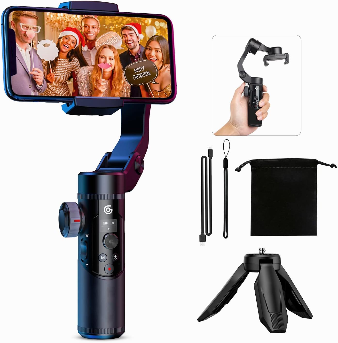 3-Axis Gimbal Stabiliser for Smartphone, Portable and Foldable Stabiliser with Tripod for iOS and Android, OLED Screen, Anti-Shake, AI Tracking, Removable Battery
