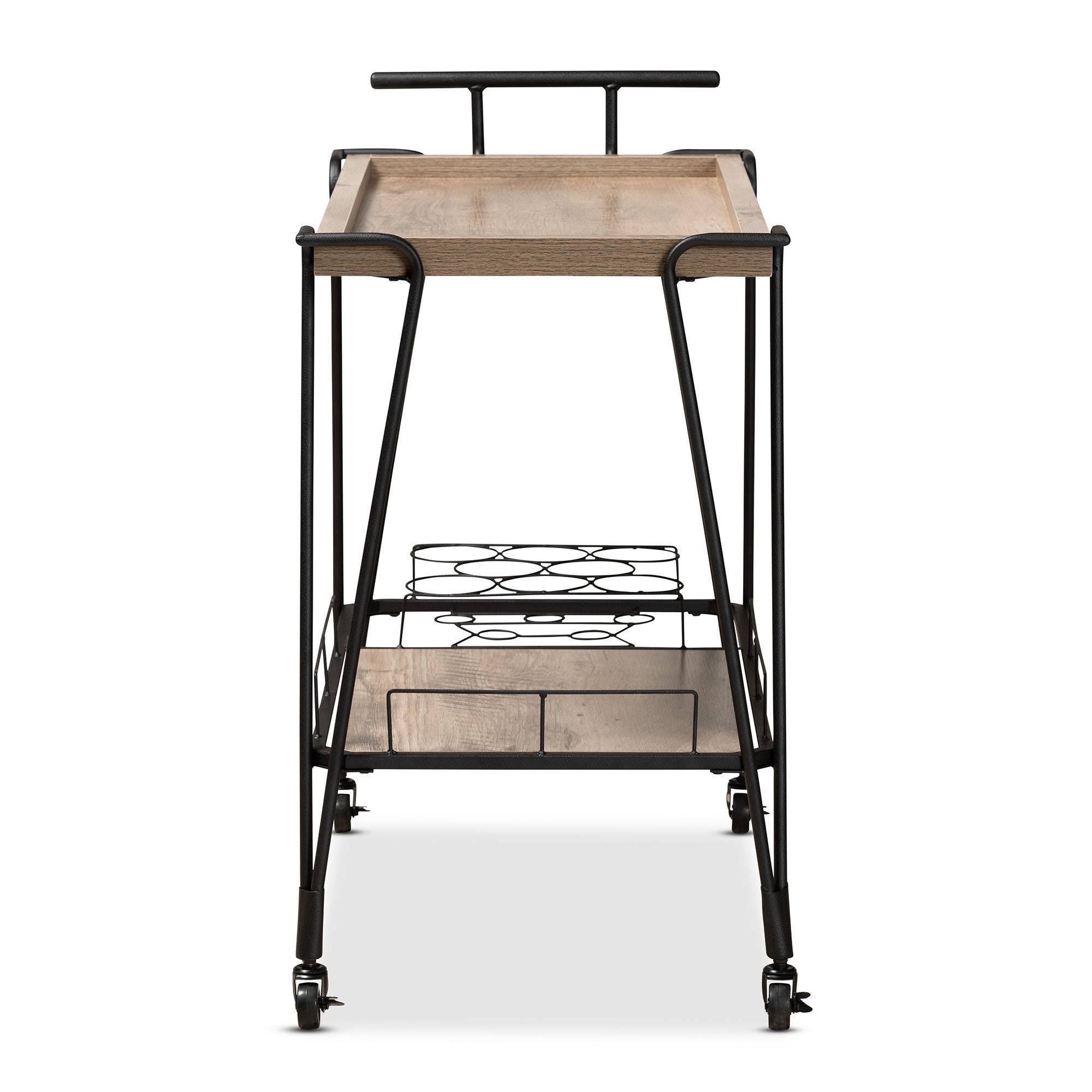 Baxton Studio Perilla Modern Rustic and Industrial Oak Brown Finished Wood and Black Finished Metal 2-Tier Wine Serving Cart