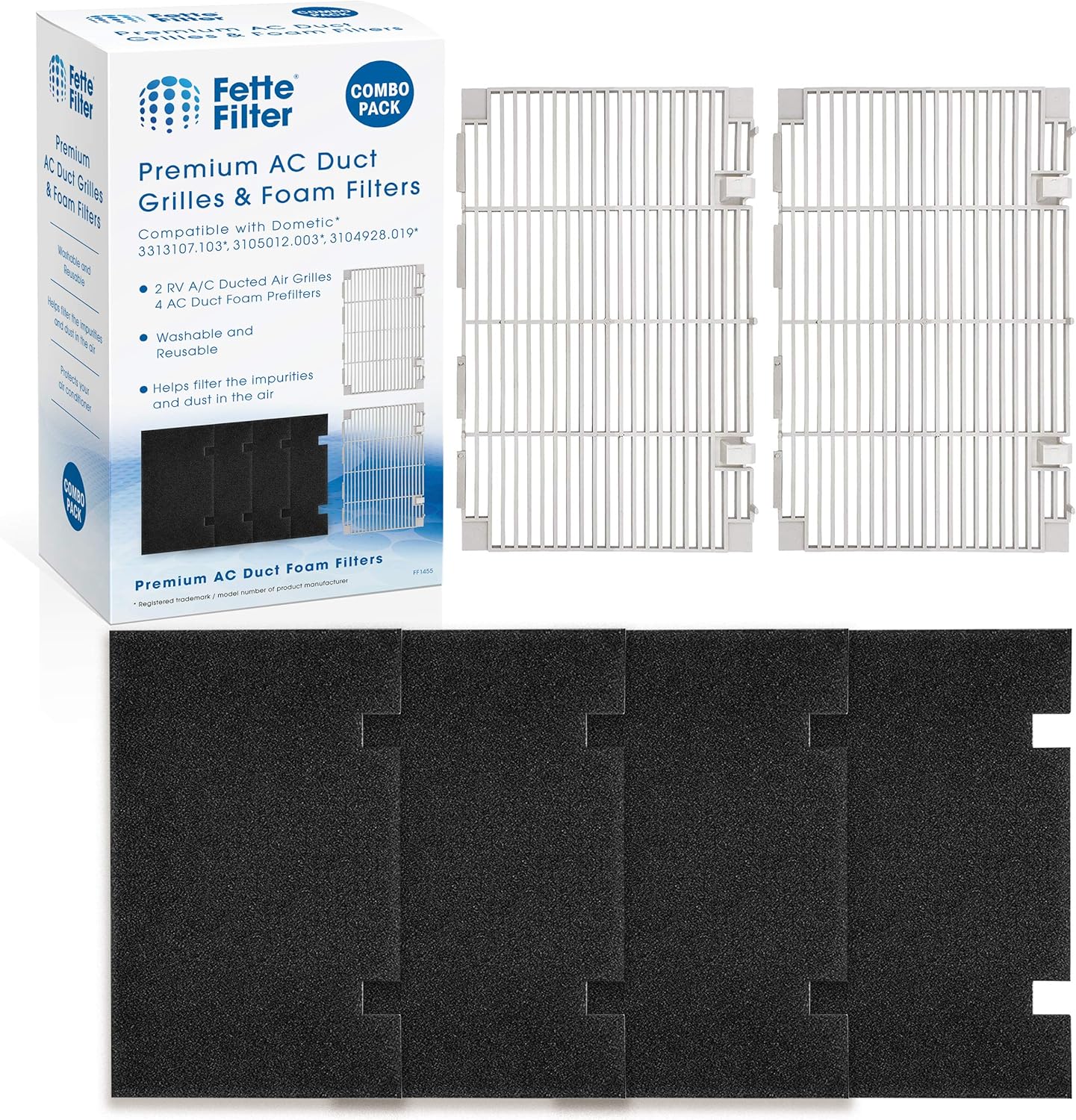 Fette Filter - Ducted Air Grille Duo-Therm AC Filter Cover Compatible with Dometic 3104928.019 Contains 2 RV Grille and 4 AC Duct Foam Prefilters.
