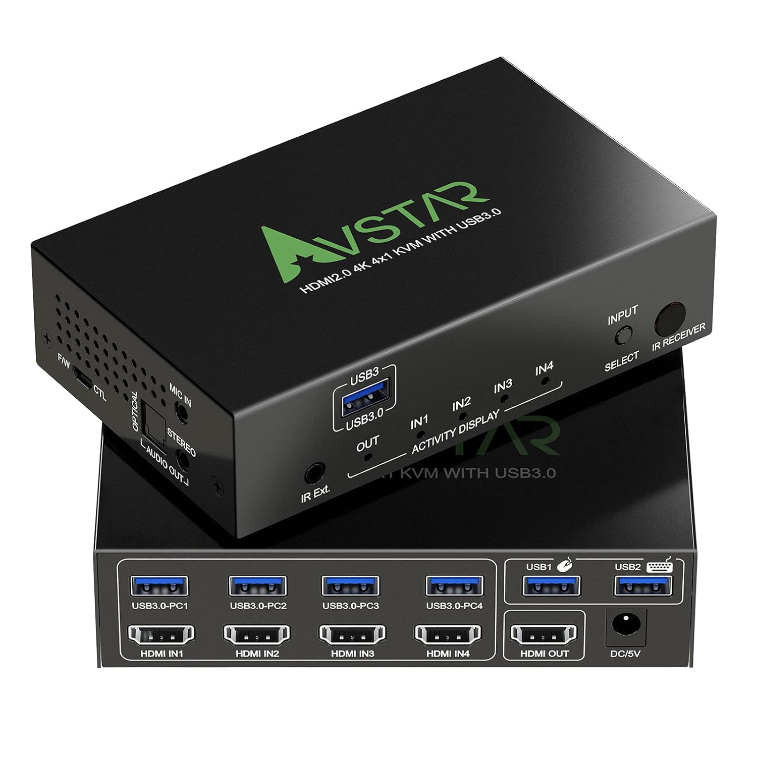 USB KVM Switch HDMI 4K@60Hz 4 Port, 4 in 1 Out with 4 USB 3.0 / USB 3.1 Hub,SPDIF and Stereo,Compatible with Most Keyboards and Mouse, Button or IR Remote Control for Windows, Linux, Unix and Mac etc
