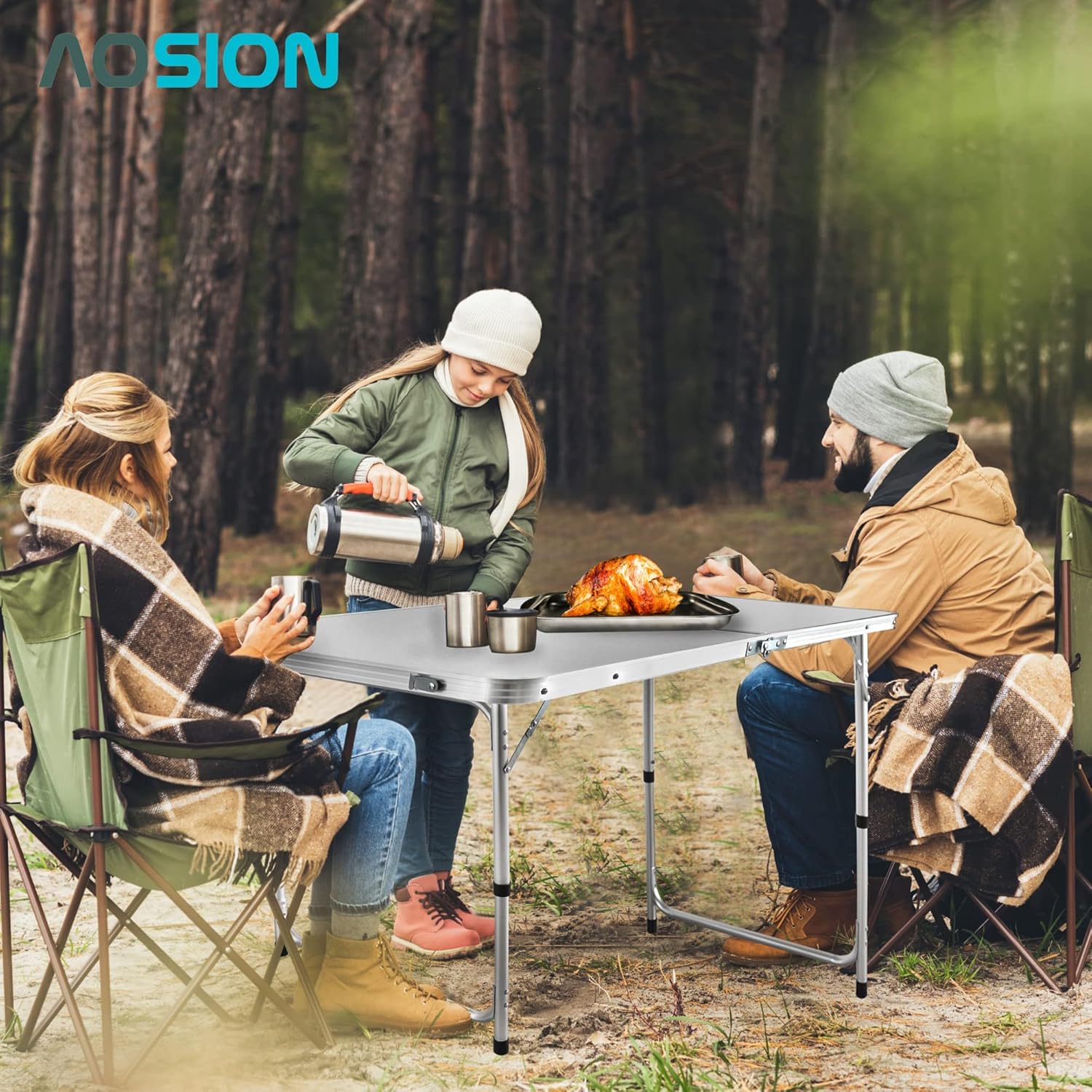 AOSION-4 FT Folding Table,Aluminum Folding Camping Table,Portable Plastic Picnic Table with Handle, Adjustable Height Table for Party, Camping,BBQ,White Pack of 2