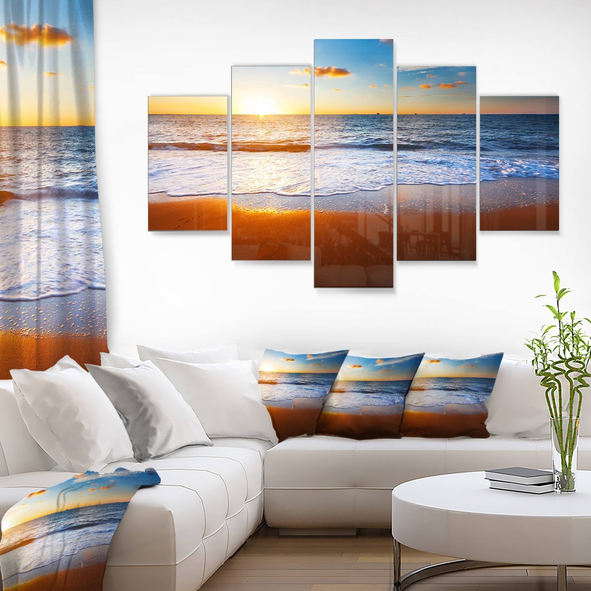 &Blue Sea and Sky with Sandy Beach& 5 Piece Photographic Print on Metal Set Design Art