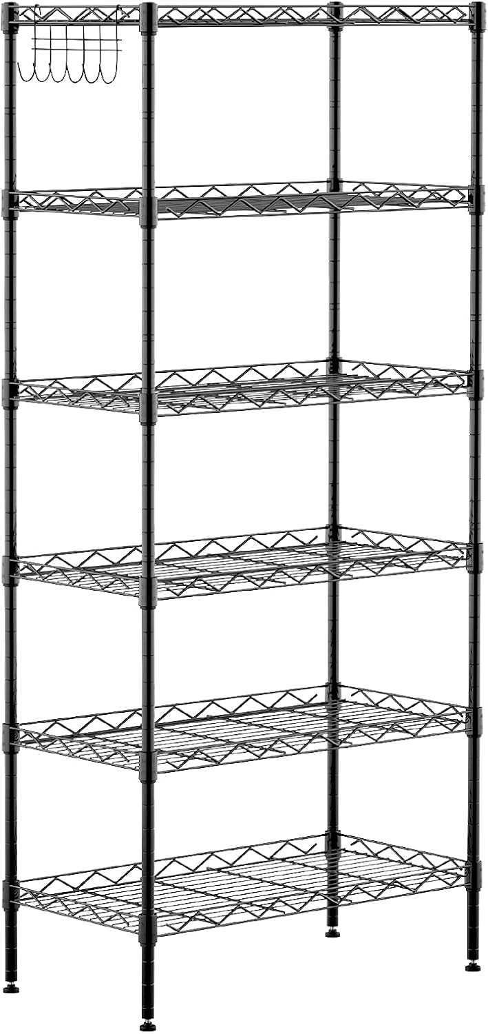 6-Shelf Shelving Storage Unit ,Heavy Duty Metal Organizer Wire Rack with Leveling Feet , Stainless Side Hooks for Bathroom Kitchen Garage 750Lbs Capacity (Silver) Pack of 2