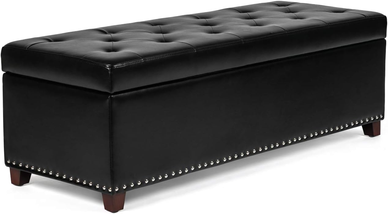 Joveco Storage Ottoman Bench- Faux Leather Tufted Bench Foot Rest (Black Midnight)