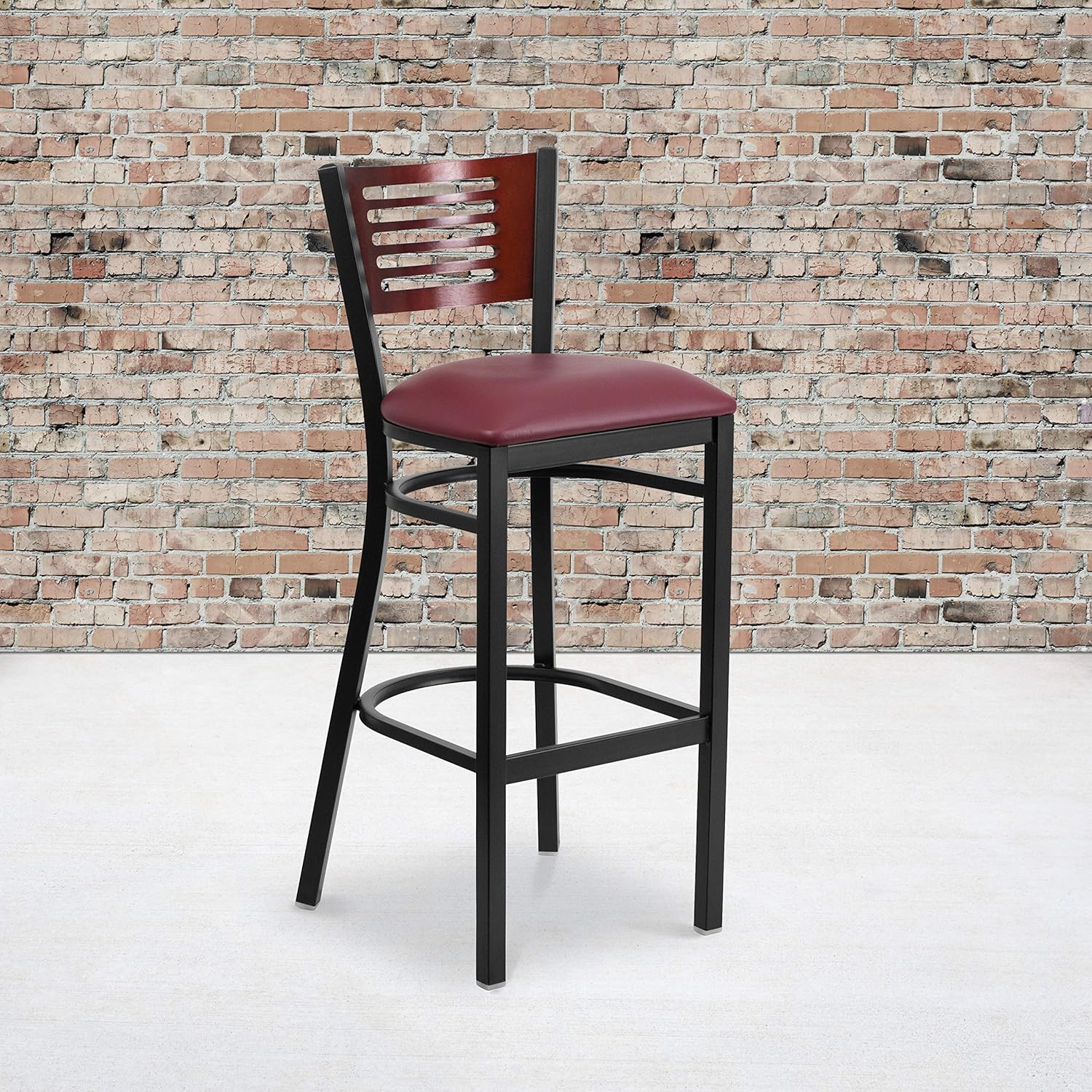 Flash Furniture HERCULES Series Black Slat Back Metal Restaurant Barstool - Walnut Wood Back, Black Vinyl Seat
