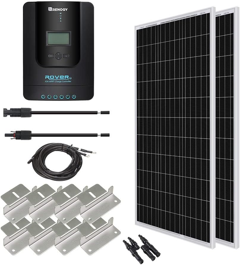 Renogy 200 Watt 12 Volt Monocrystalline Starter w/ 40A Rover MPPT Charge Controller Connectors +Tray Cable+ Mounting Z Brackets for RV, Boat, Solar Panel Kit, 200W, black