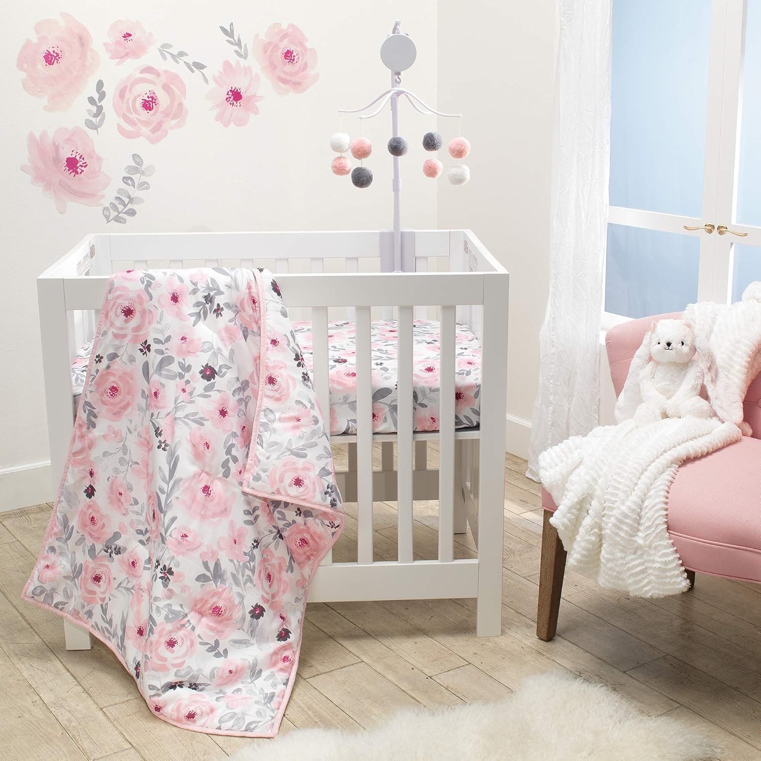 Bedtime Originals Blossom Pink Watercolor Floral 3-Piece Mini Crib Bedding Set Pack of 2