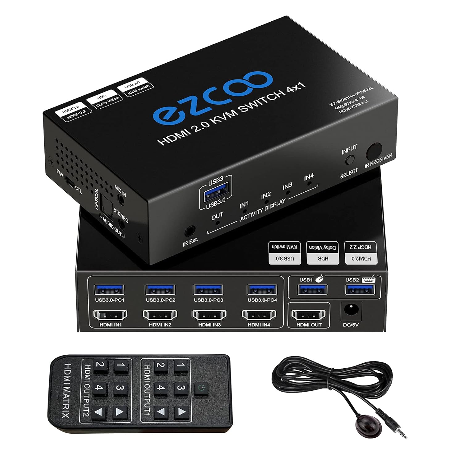 USB 3.0 KVM Switch HDMI 4K 60Hz 4-Port SPDIF L/R Extractor- USB Peripheral Hub for Keyboard Mouse Mac Printer Scanner Windows,1080p 120Hz 144Hz HDMI Switch 4x1 HDCP Pass,IR Remote IR Ext. Mic