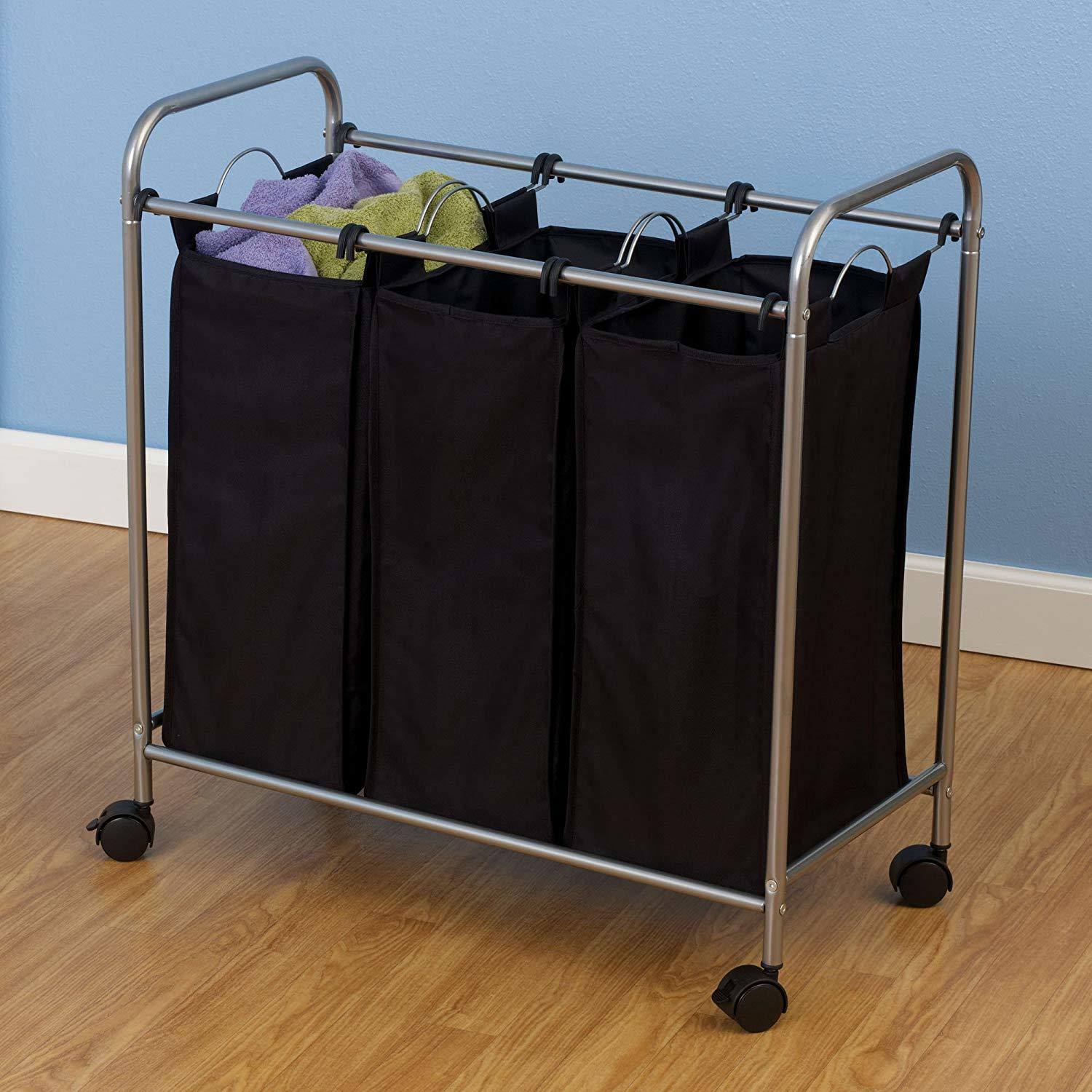 Household Essentials 7044 Triple Laundry Sorter on Wheels - Black and Grey