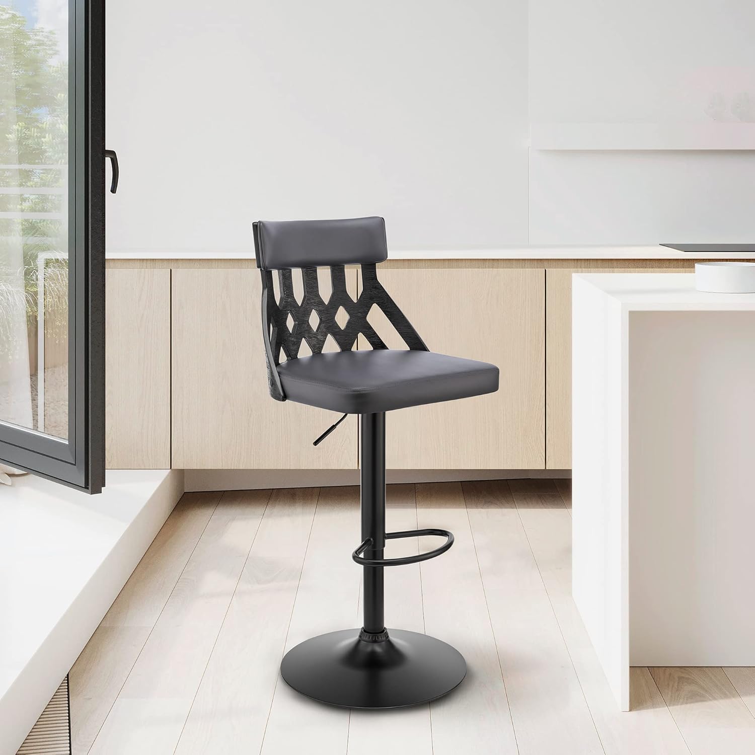 Angelo Adjustable Swivel Grey Faux Leather & Black Wood Bar Stool with Black Base