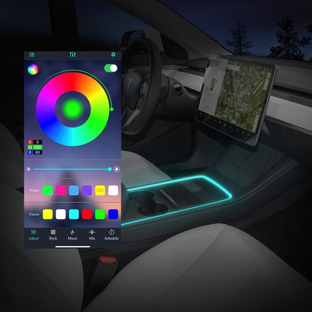 2021 Tesla Model Y Model 3 Neon Light Tubes RGB Interior LED Strip Lights with App Controller (NEW Center Console + Dashboard Light) Pack of 2