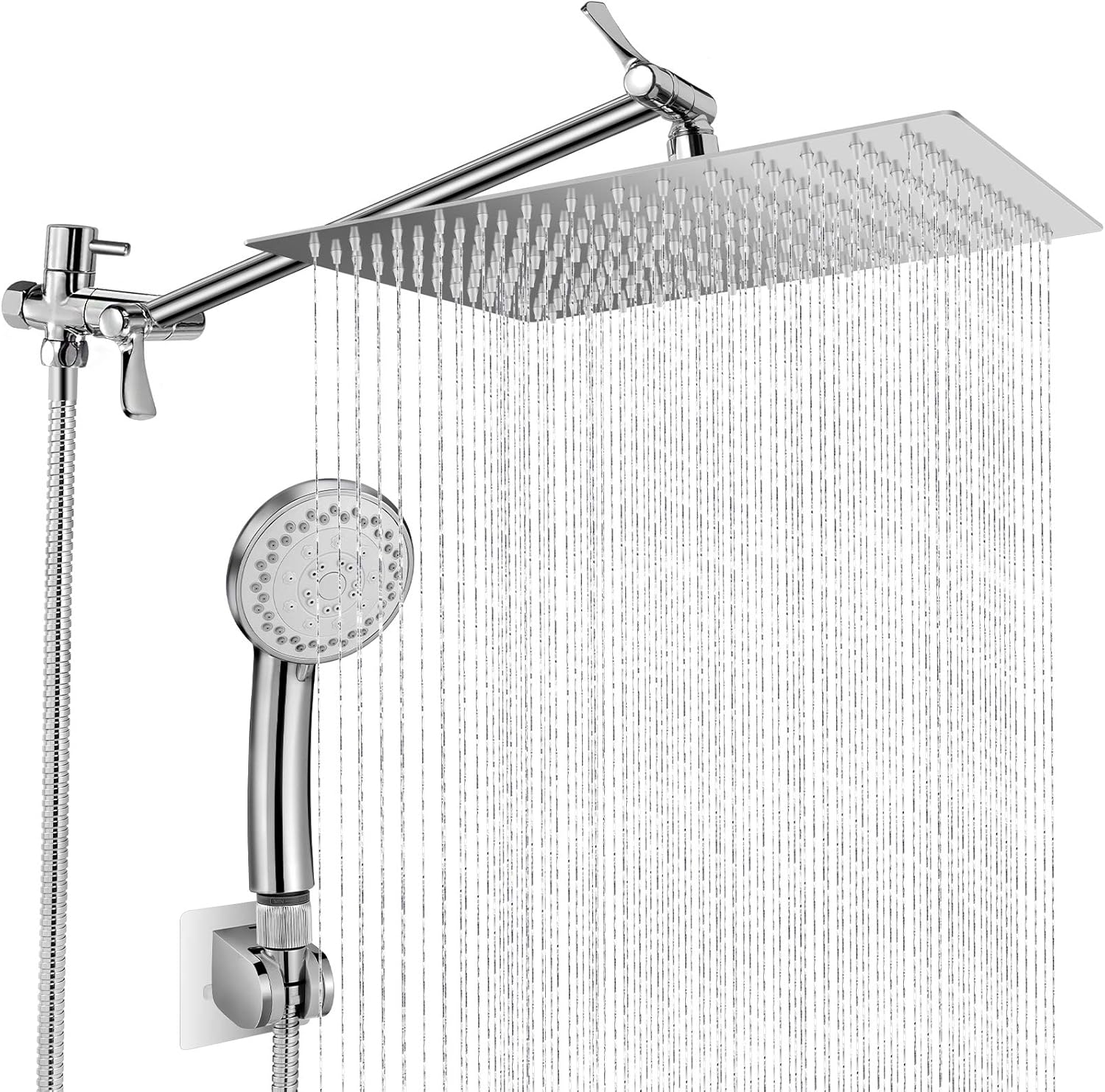 12 Inch Rain Shower Head with Handheld Spray, Anti Leak Dual Square Rainfall Shower Heads with Adjustable 13.5'' Extension Arm, Bathroom High Pressure Hand-held Showerhead with Hose and Holder Pack of 2