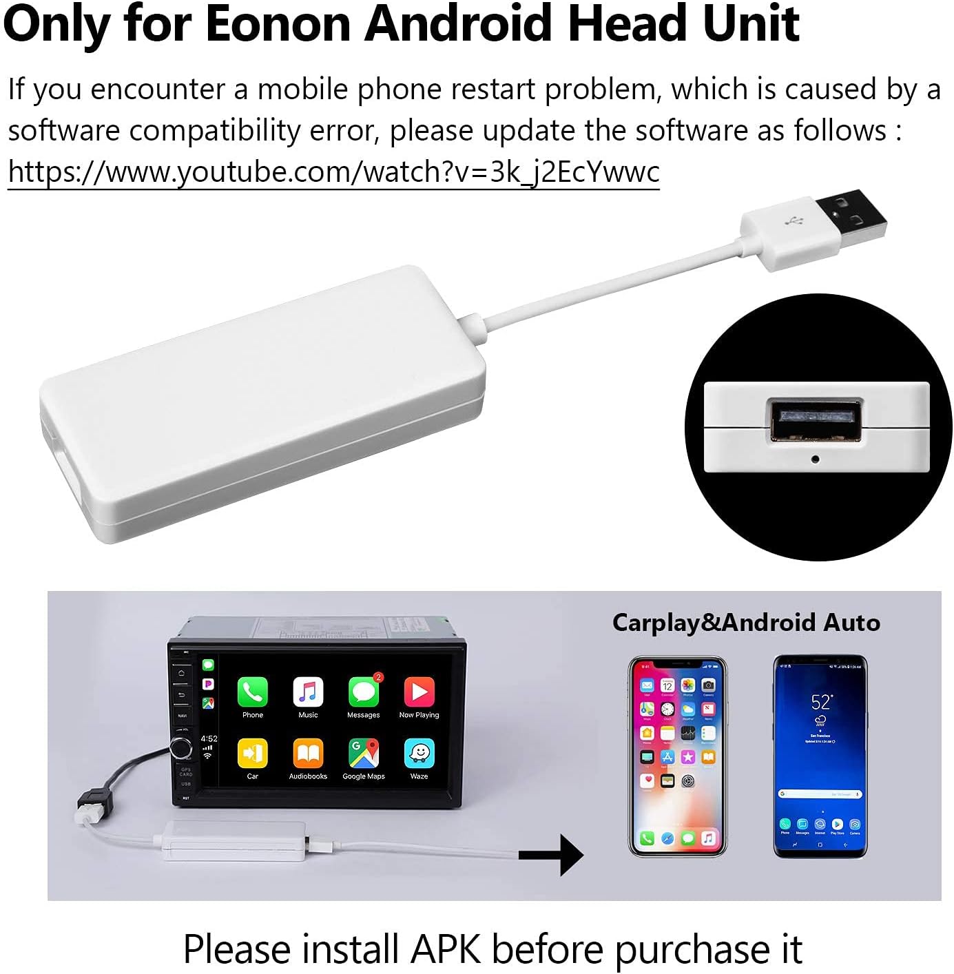 Eonon A0585 USB Dongle Android Auto and Car Play Autoplay for Eonon Android 10/ 8.0/8.1/9.0 Car Radio GA93 Car Stereo and GA9465,GA9480A,GA9453,GA9463,GA9451,GA9449 Etc. Pack of 2