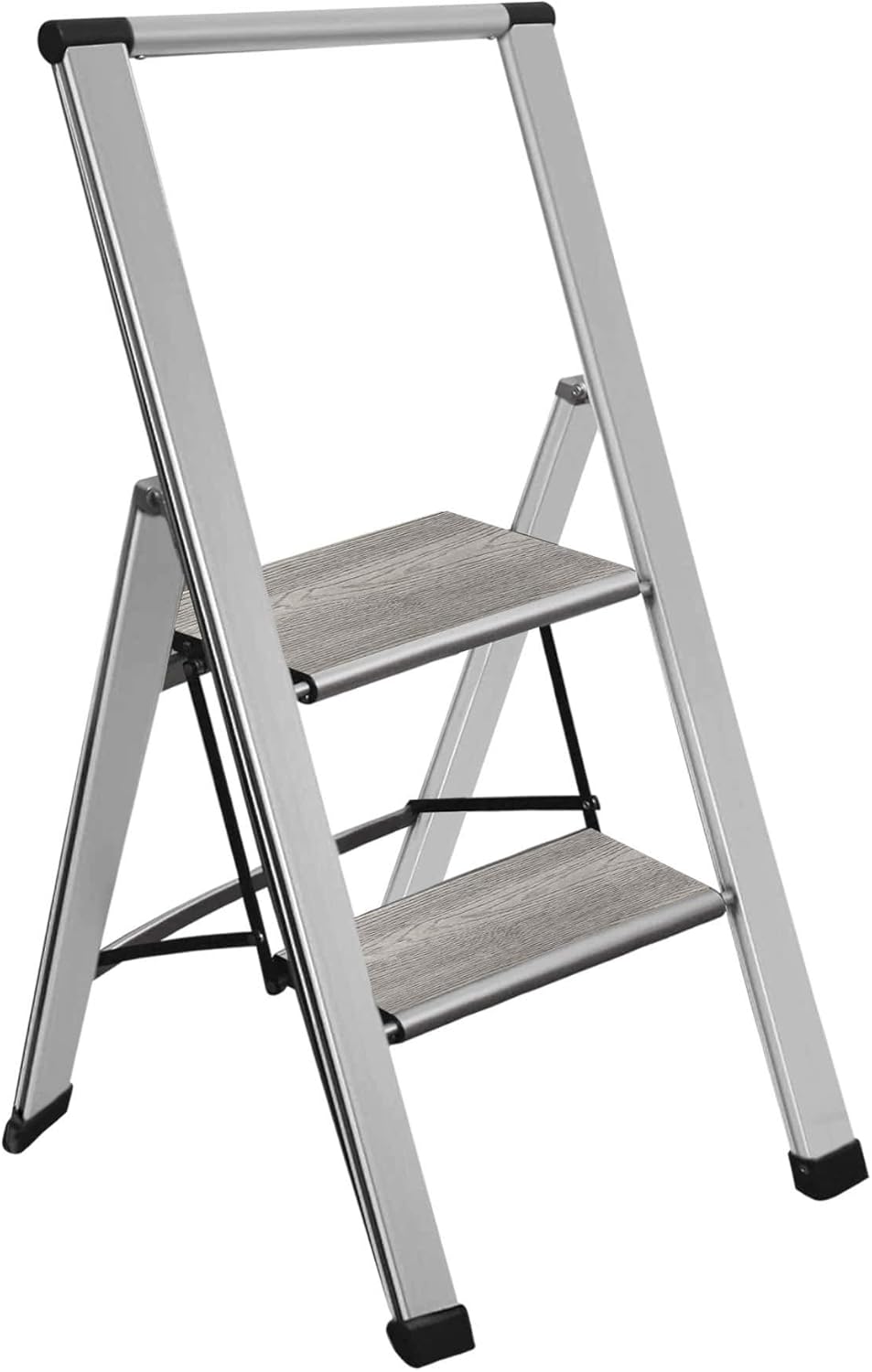 Sorfey Premium 3 Step Modern Gray Wood Ladder. Lightweight,-Ultra Slim Profile, Anti Slip Steps, Sturdy-Portable for Home, Office, Kitchen, Photography Use, Black Aluminum Finish
