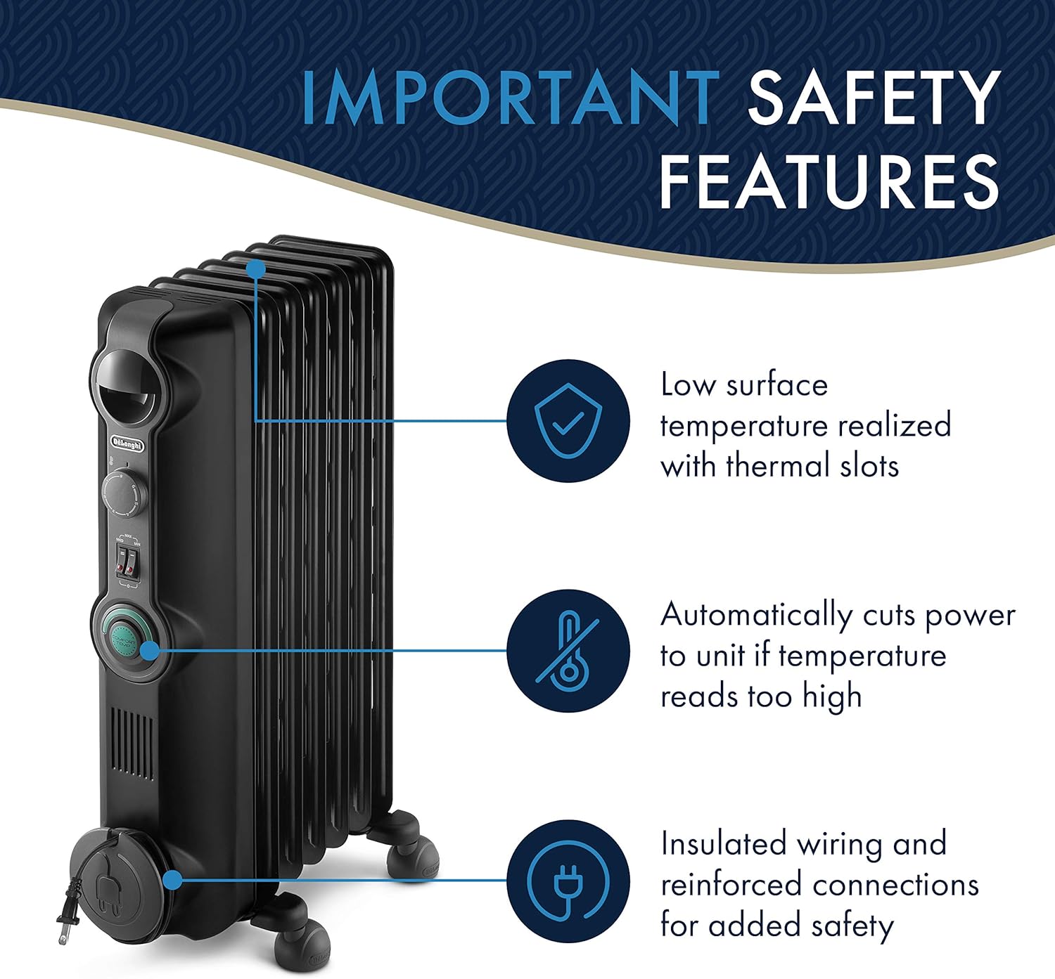 DeLonghi, Quiet 1500W, Adjustable Oil-Filled Radiator Space Heater, 14