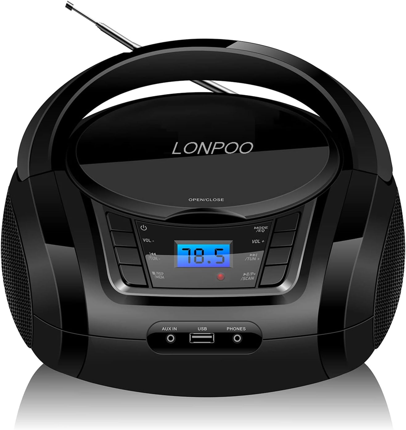 LONPOO CD Player Portable Boombox with FM Radio/USB/Bluetooth/AUX Input and Earphone Jack Output, Stereo Sound Speaker & Audio Player,White
