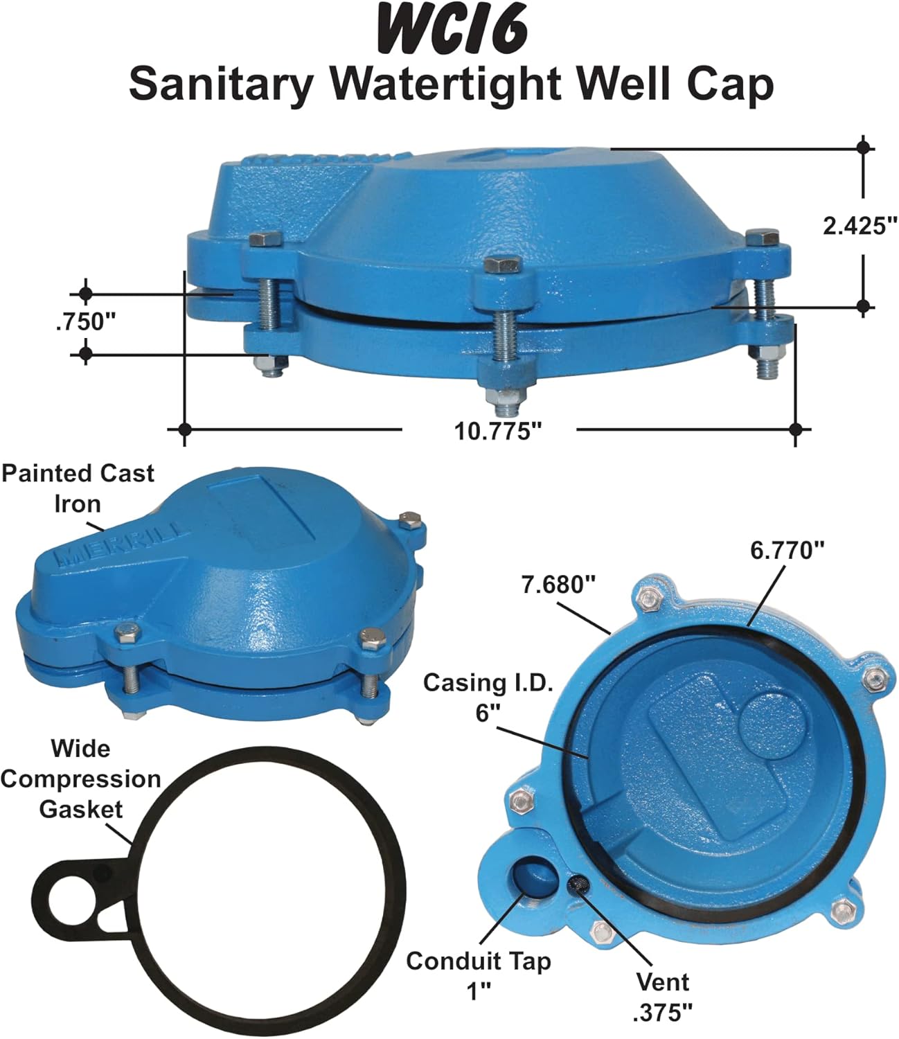 Merrill MFG WCI6 Water Tight Sanitary Well Cap, 6