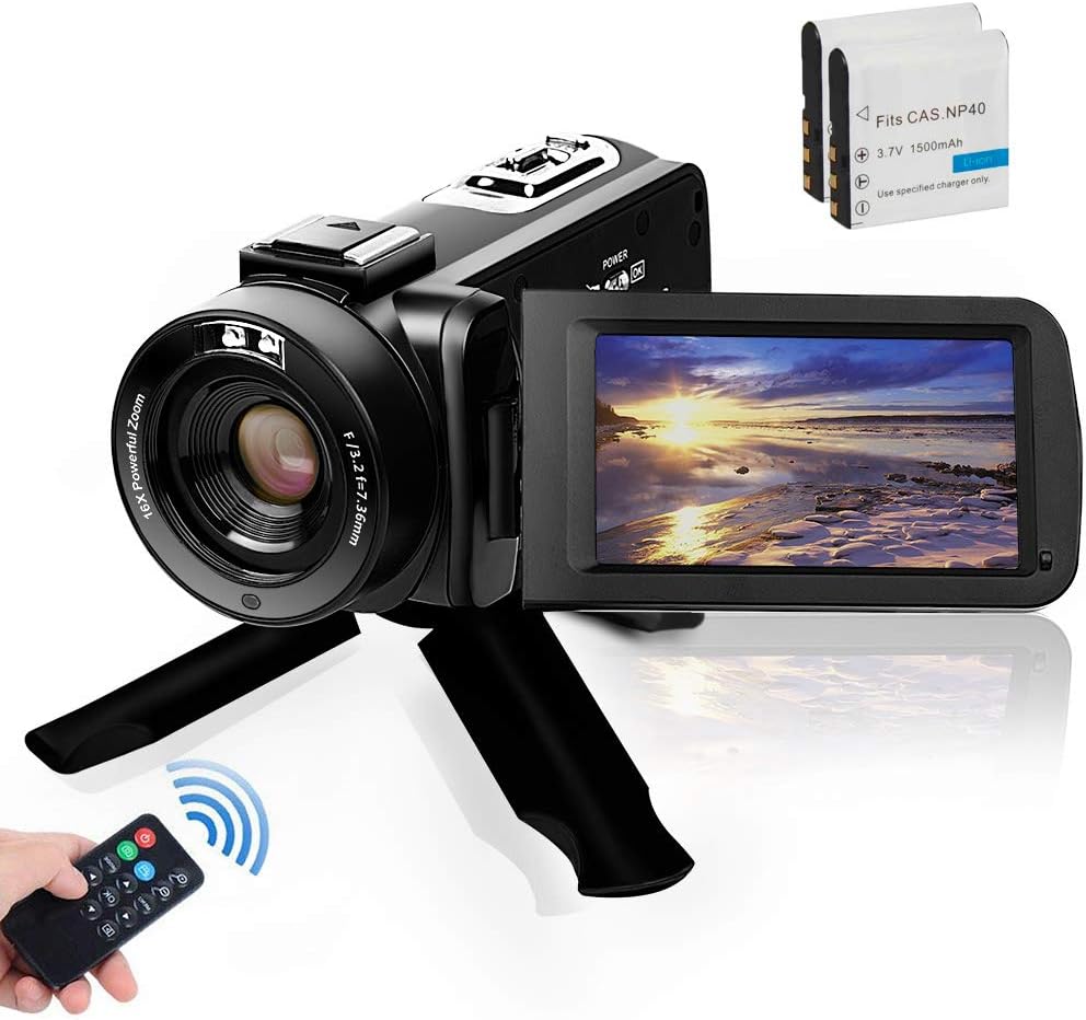 Video Camera Camcorder, Digital YouTube Vlogging Camera FHD 1080P 30FPS 24MP 16X Digital Zoom 3 Inch Touch Screen Video Recorder with Remote Control and Tripod, 2 Batteries Pack of 2