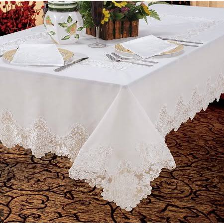 Violet Linen Imperial Embroidered Vintage Lace Design Tablecloth, 60 inch x 90 inch, White