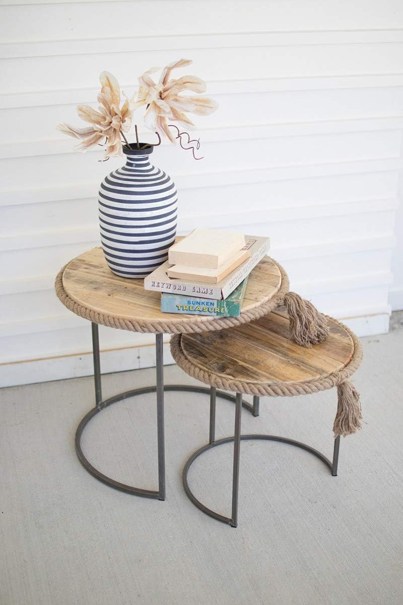 BORNEO DECOR CQ7301 Set of 2 Round Nesting Tables W Recycled Wood W Rope Accent