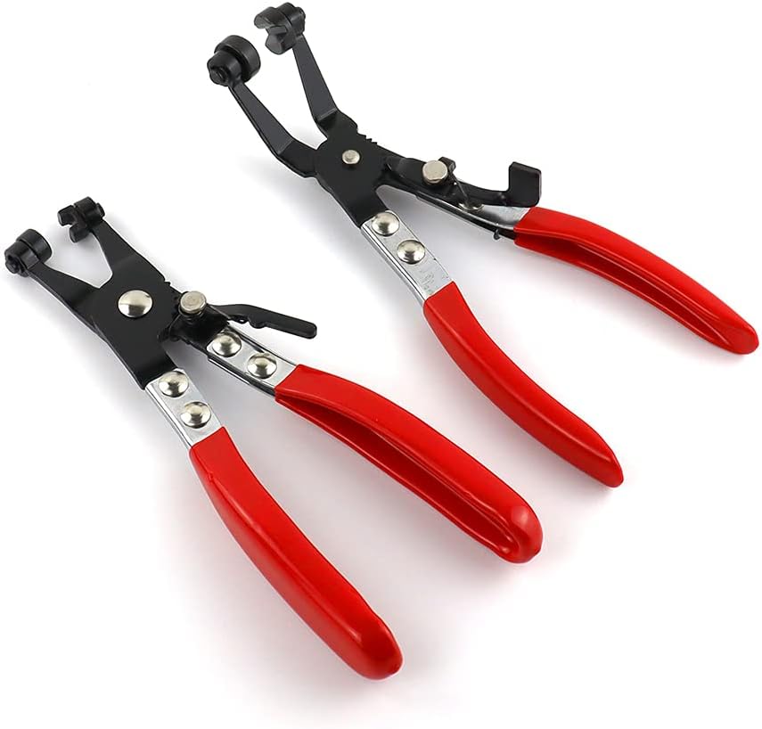 2PCS Hose Clamp Pliers, Angled and Flat Band Hose Clamp Pliers, R Hose Clamp Plier and Angled Jaws Allow for Access to Clamps in Hidden or Hard to Reach Areas, Flat Band Hose(Red, 8-1/2In)