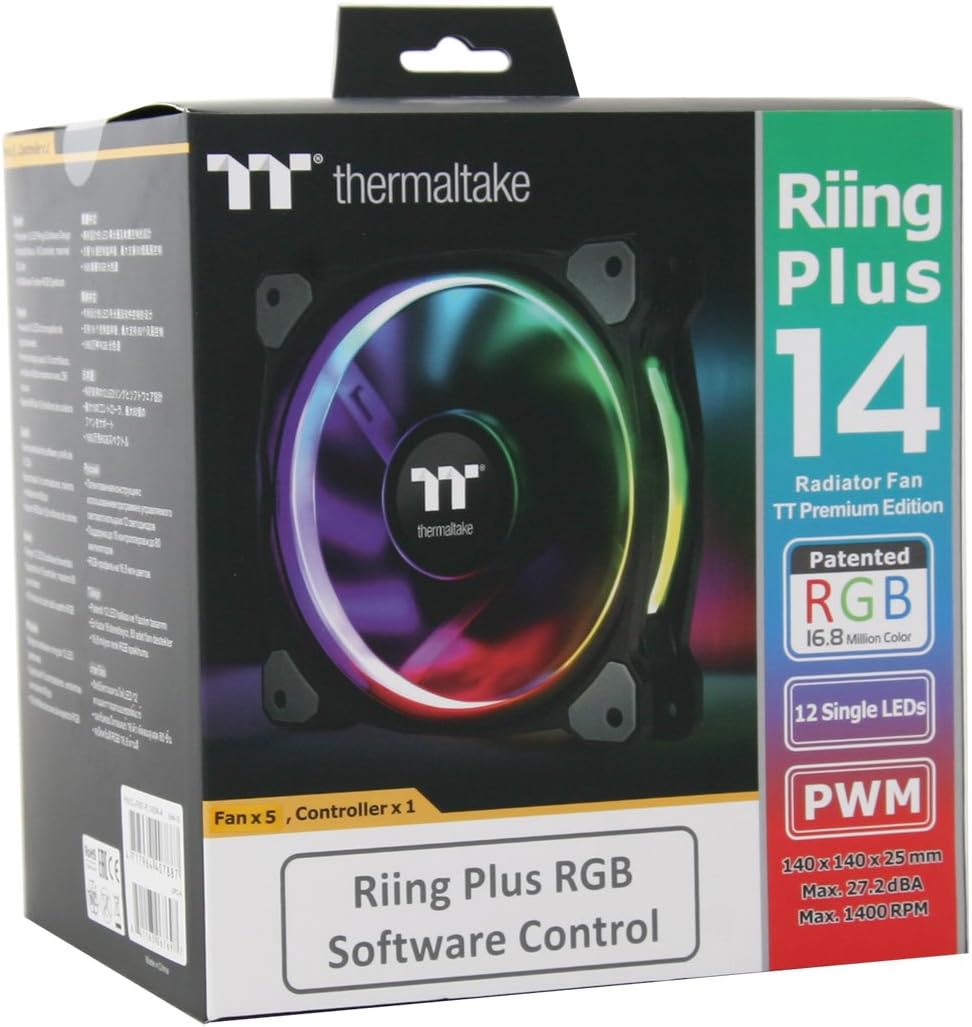 Thermaltake CL-F057-PL14SW-A Riing Plus 14 LED RGB Radiator Fan - Black (Pack of 5)