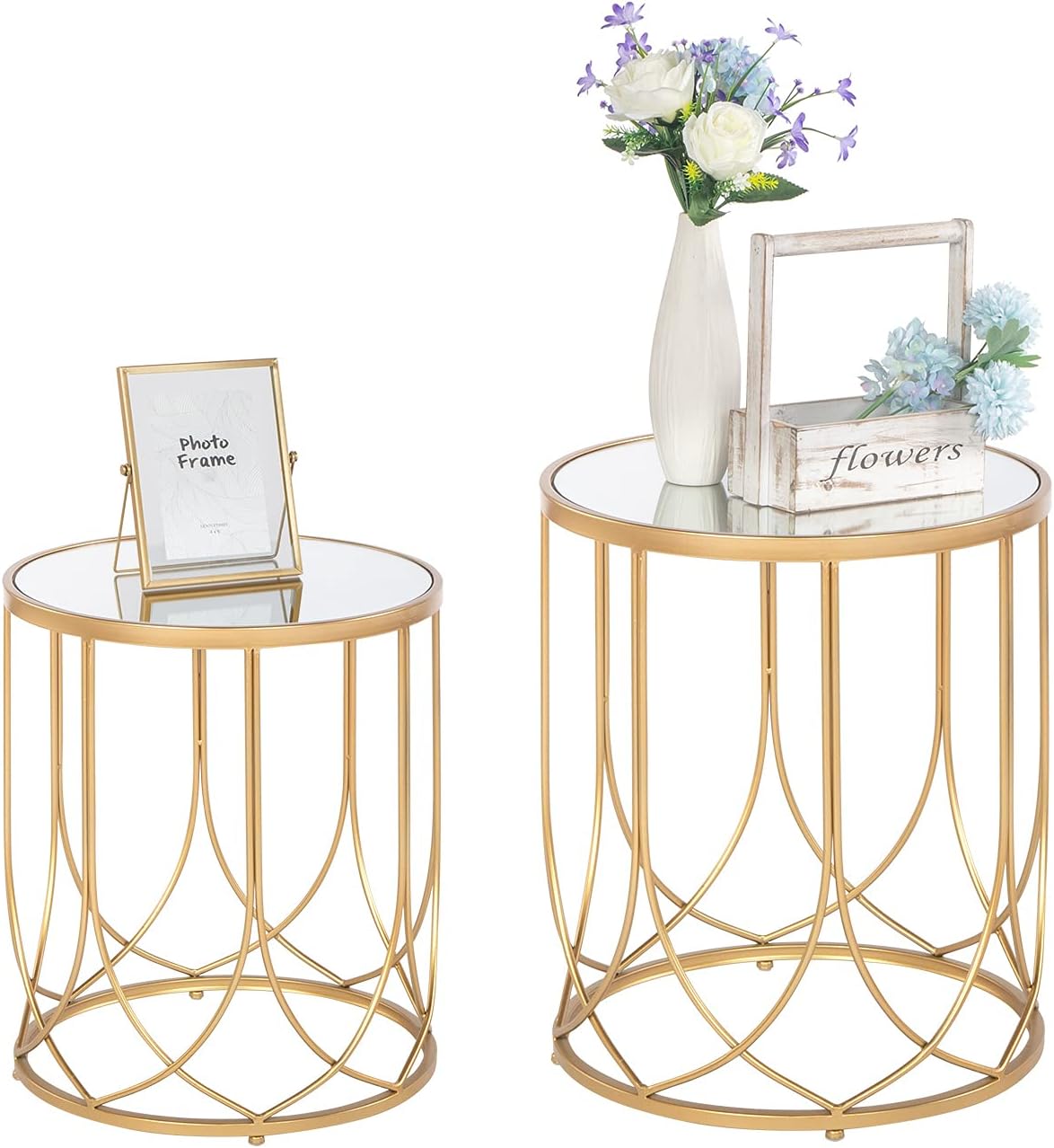 Premium Side End Table w/Glass Top & Metal Frame, Geo Eyelet Pattern Accent Table for Living Room, Golden