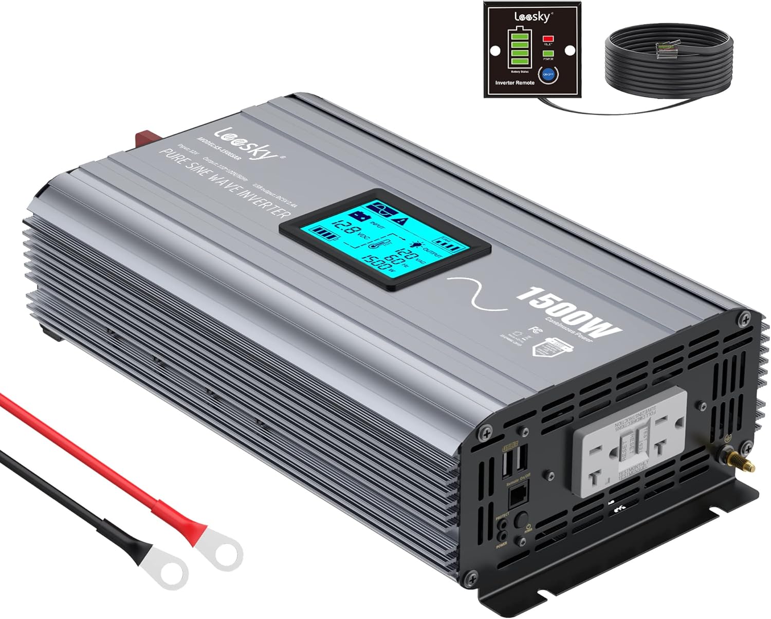 Pure Sine Wave 1500W Power Inverter DC 12V to AC 110V 120V with Dual GFCI Sockets LCD Display Remote Controller & Dual 4.8A USB Ports LEESKY
