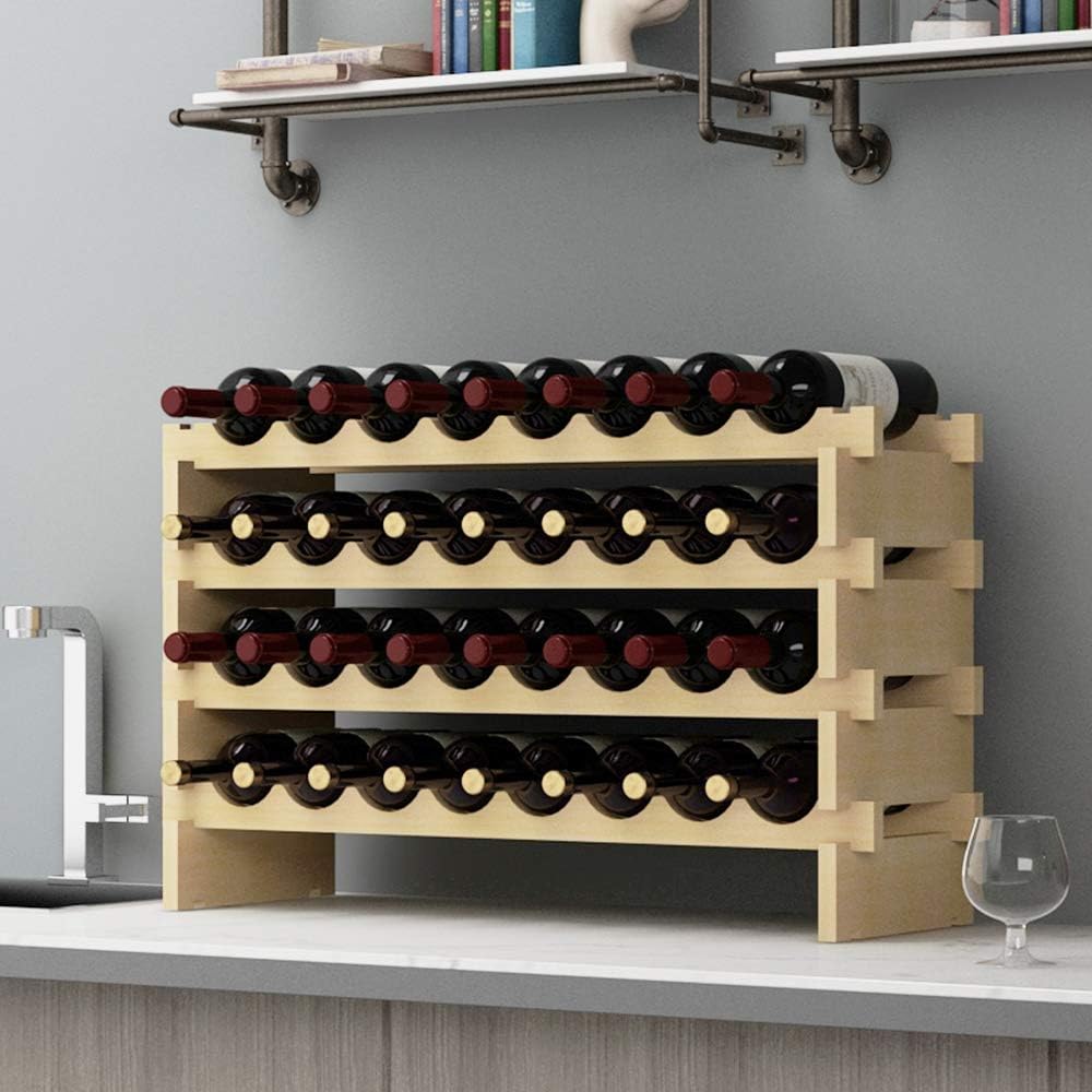 SDHYL 32 Bottles-4 Rows Stackable Modular Wine Holder Rack, Wine Storage Rack, Solid Wooden Wine Display Shelves (4 Rows x 8 Bottles/Row) S7-BY-WS4832M Pack of 2
