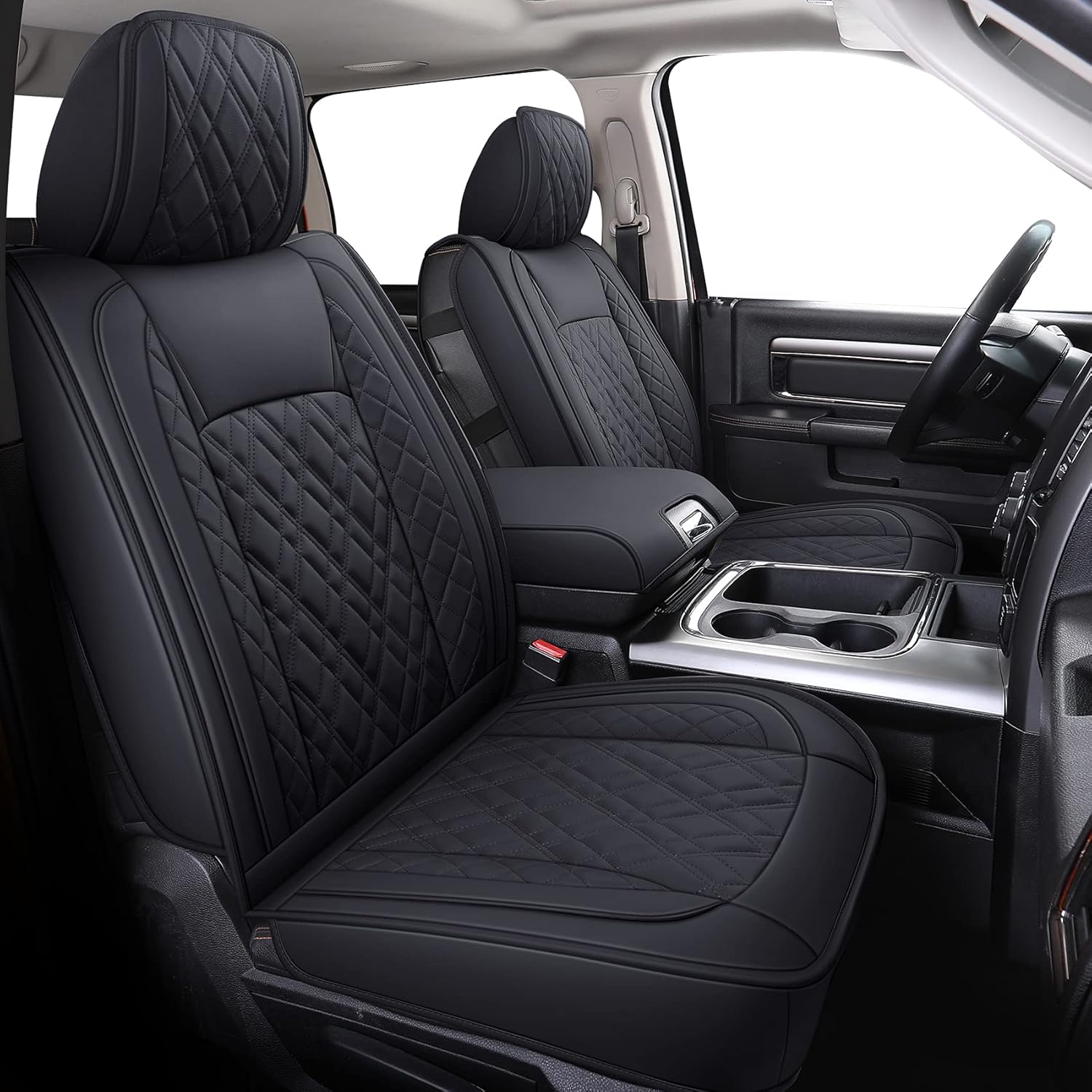 3A-DHG Ram 1500 Seat Covers Front and Back, Also Fit for Most of The 2006- 2020 Ram 2500 3500 Crew Cab& Quad Cab Truck, with Faux Leather (3A-DHG-Black & Red)