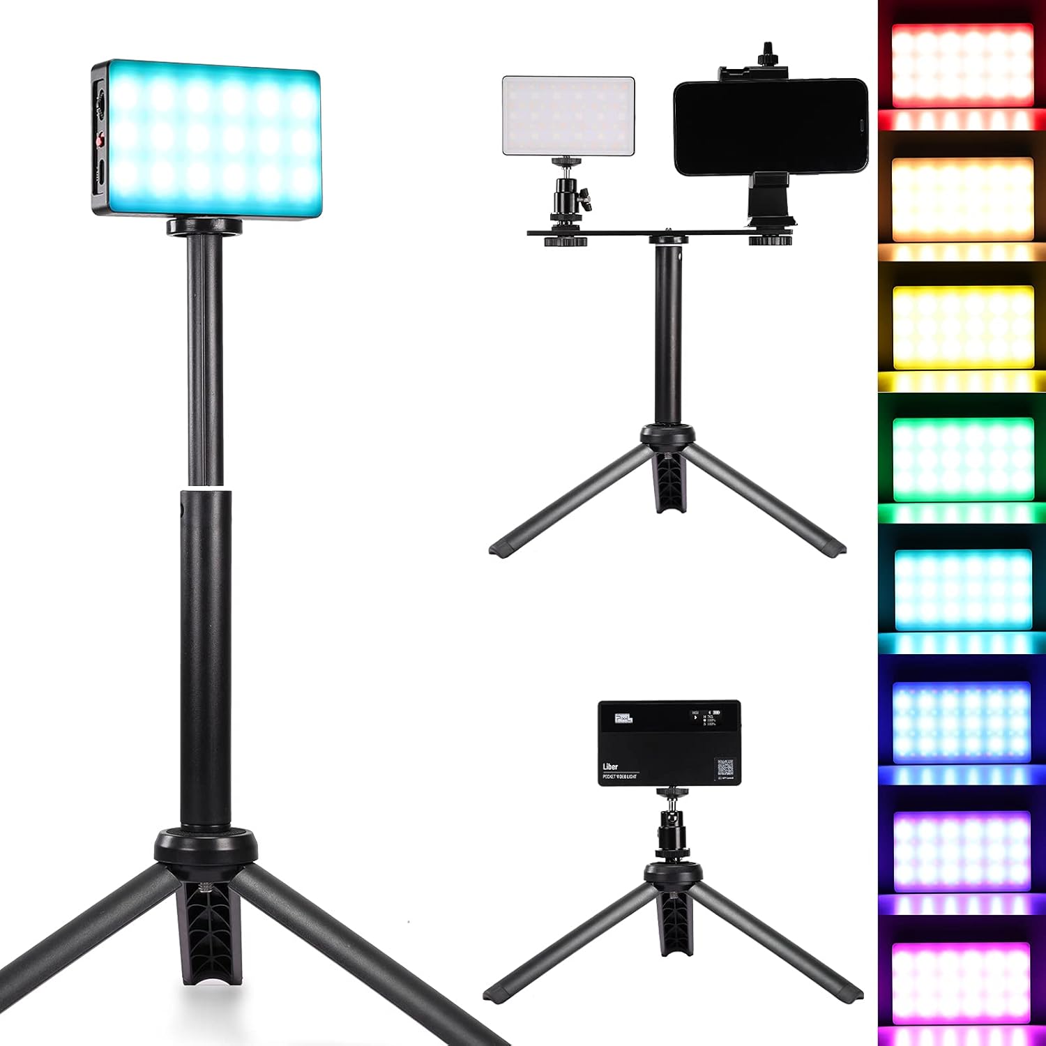 Pixel G6 RGB Video Light with Adjustable Tripod Phone Holder, 0-765° Hue Range, 2500K-8500K, CRI95+, Mini LED Aluminum Alloy Body Panel Light ⁣for Tiktok, Video Conference, Photography，YouTube Pack of 2