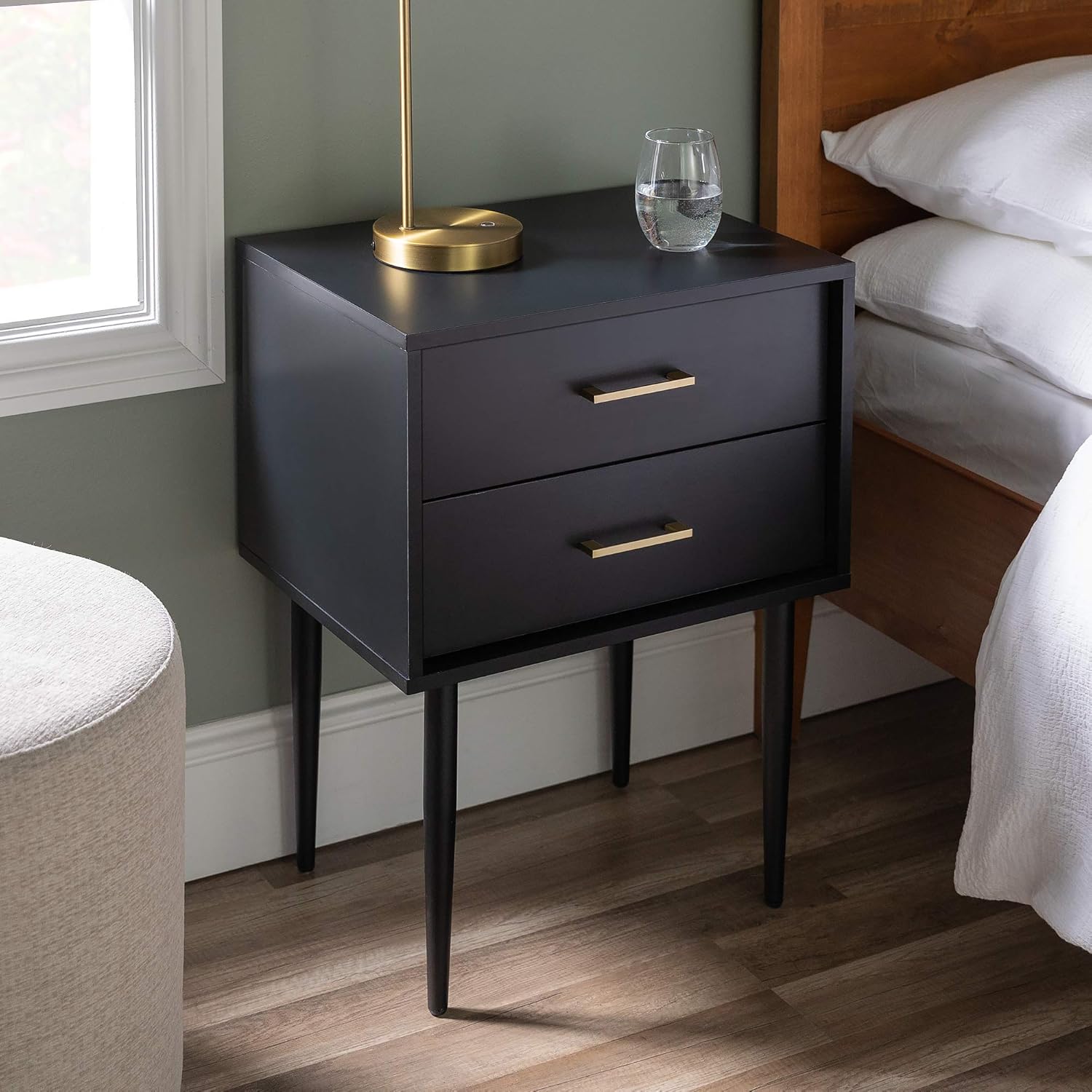 Walker Edison Modern Olivia 2 Drawer Wood Rectangle Side Table Living Room Small End Accent Table, 20 Inch, Black