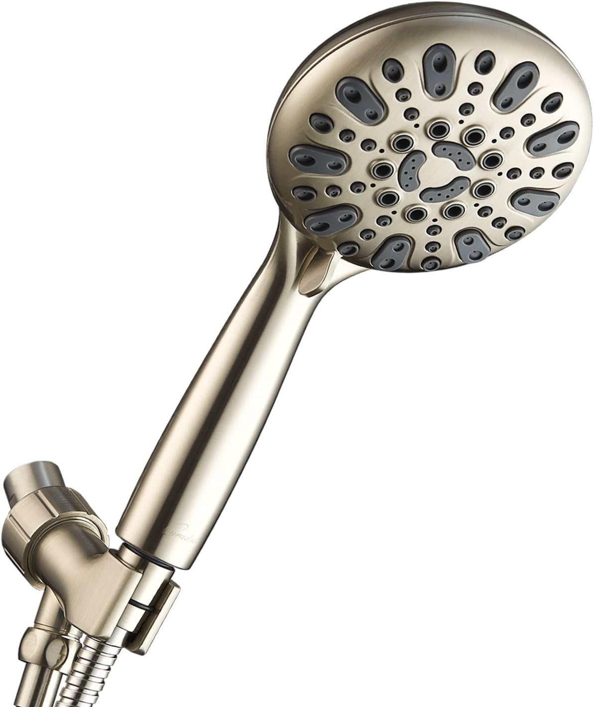 Couradric Handheld Shower Head, 6 Spray Setting High Pressure Shower Head with Brass Swivel Ball Bracket and Extra Long Stainless Steel Hose, Polished Brass, 5