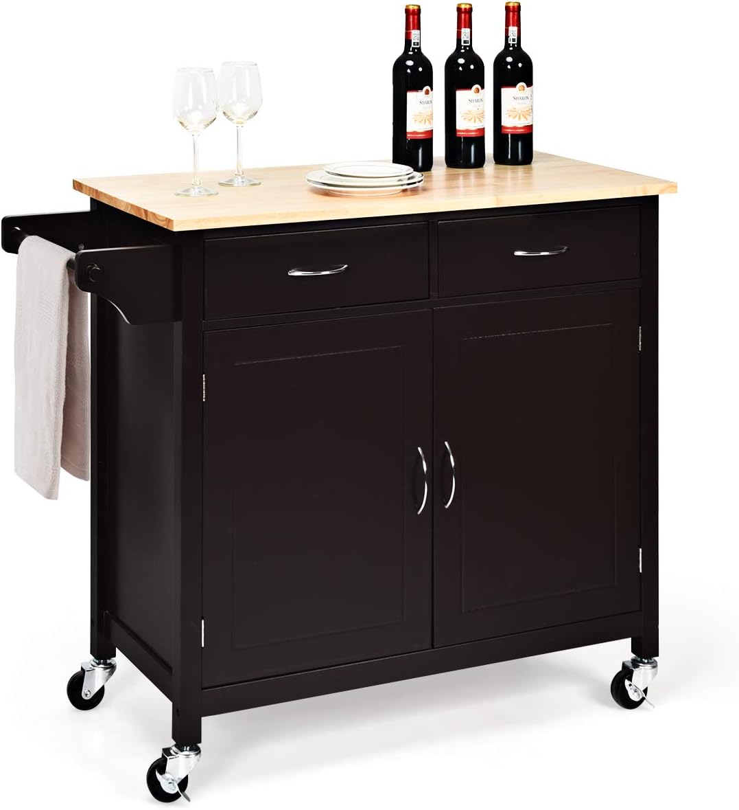 Giantex Kitchen Island, Rolling Kitchen Cart, Wood Counter Top, Utility Service Trolley Cart with Storage Cabinet and 2 Large Drawer Towel Rack, Bar Dining Room Organizer Furniture, Dark Brown