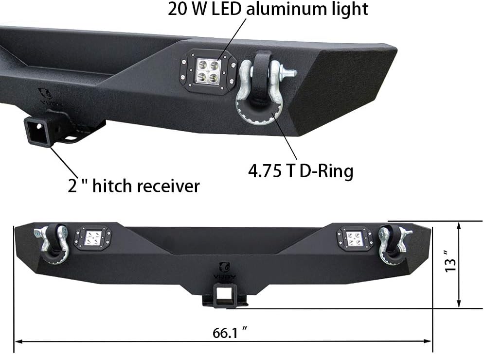 TIOYAR Rear Bumper Upgrade Texture Black w/Hitch Receiver & 2x20W LED Lights + 2x4.75T D-Ring for 2018-2022 Wrangler JL/JLU