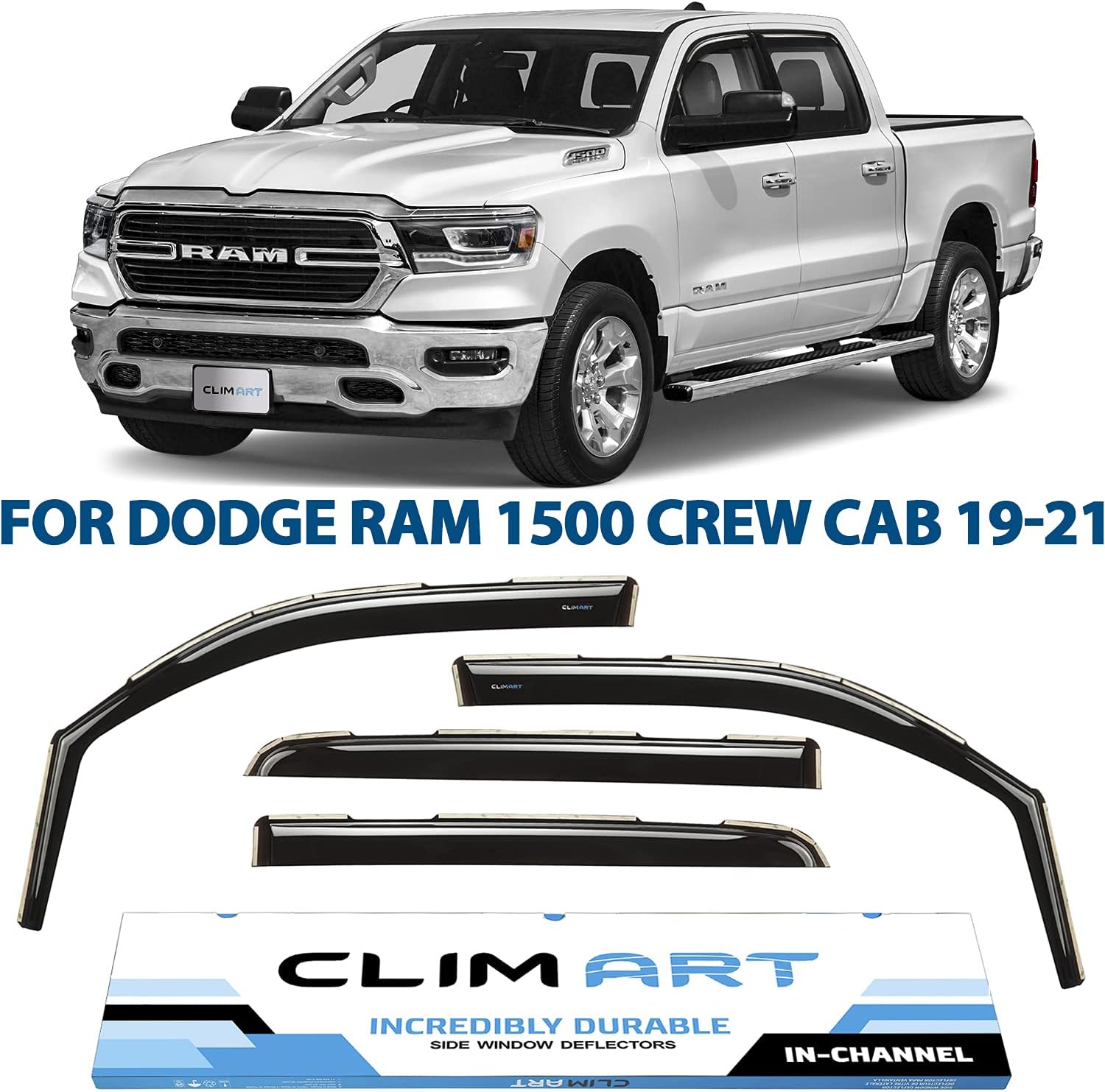 CLIM ART in-Channel Incredibly Durable Rain Guards for Dodge RAM 1500 2019-2021 Crew Cab, Original Window Deflectors, Vent Deflector, Vent Window Visors, Dark Smoke Truck Accessories, 4 pcs- 619006LP Pack of 2