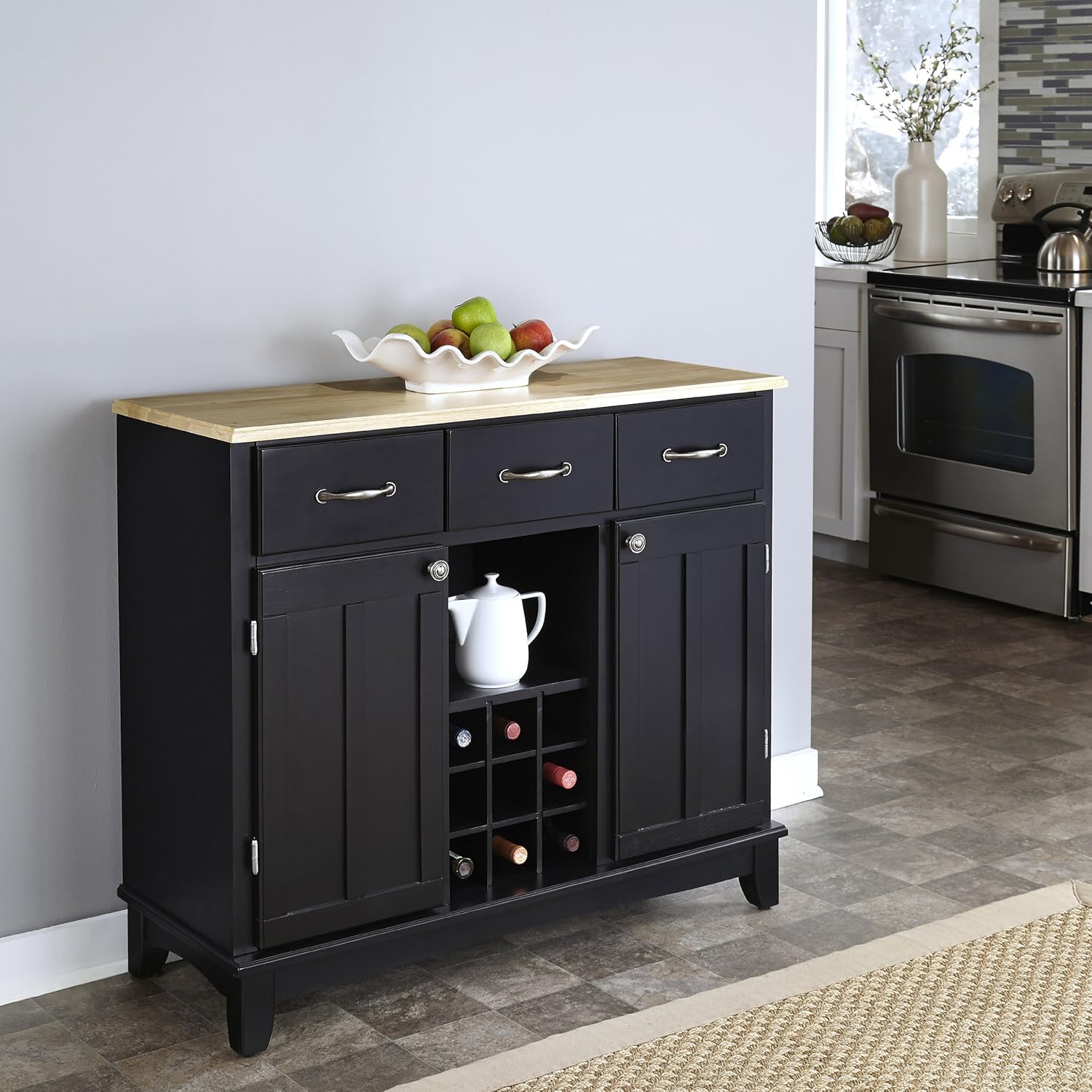 Homestyles Black Natural Wood Top Buffet Server