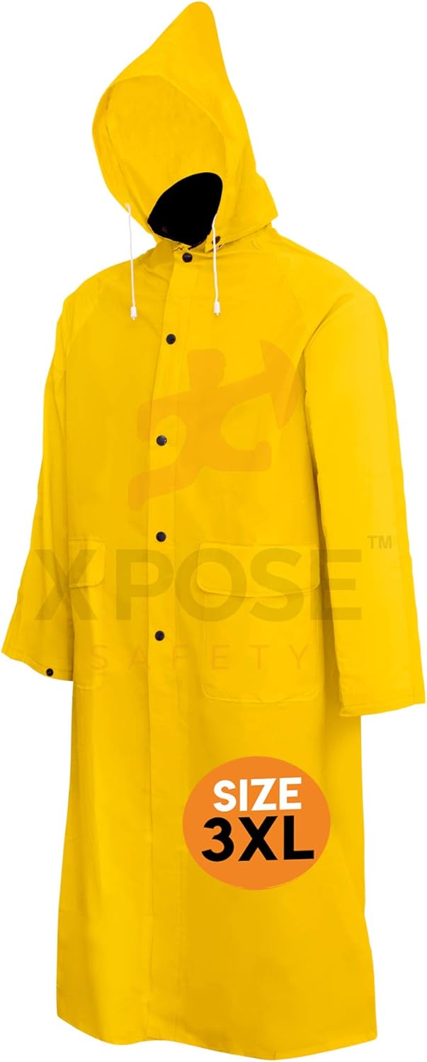 Xpose Safety Heavy Duty Yellow Rain Coat &ndash; .35mm PVC 48in Raincoat Jacket with Detachable Hood