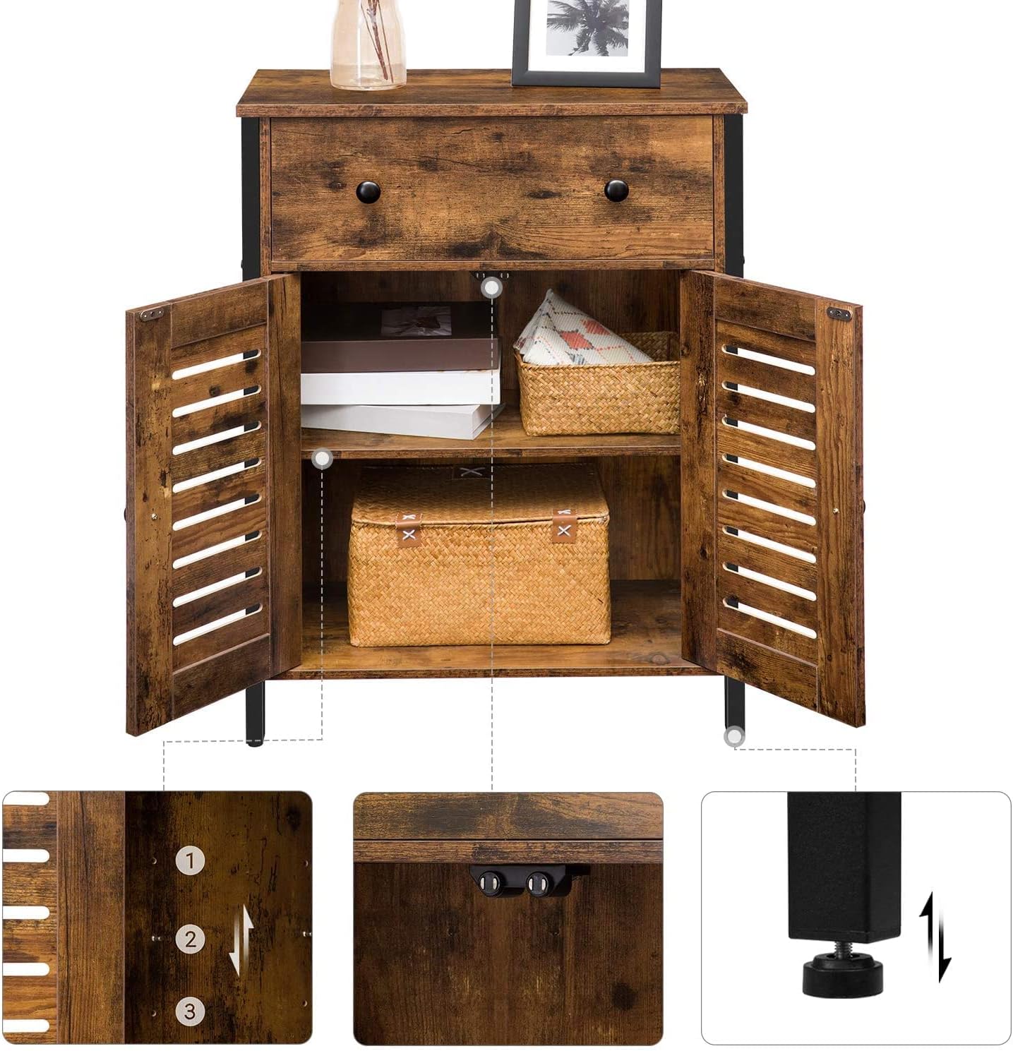 Kitchen Sideboard Floor Storage Cabinet, Cabinet with Drawers and Height-Adjustable Shelves, Bathroom Cabinet, Double Louver Doors, for Living Room, Hallway, Kitchen, Rustic Brown Pack of 2