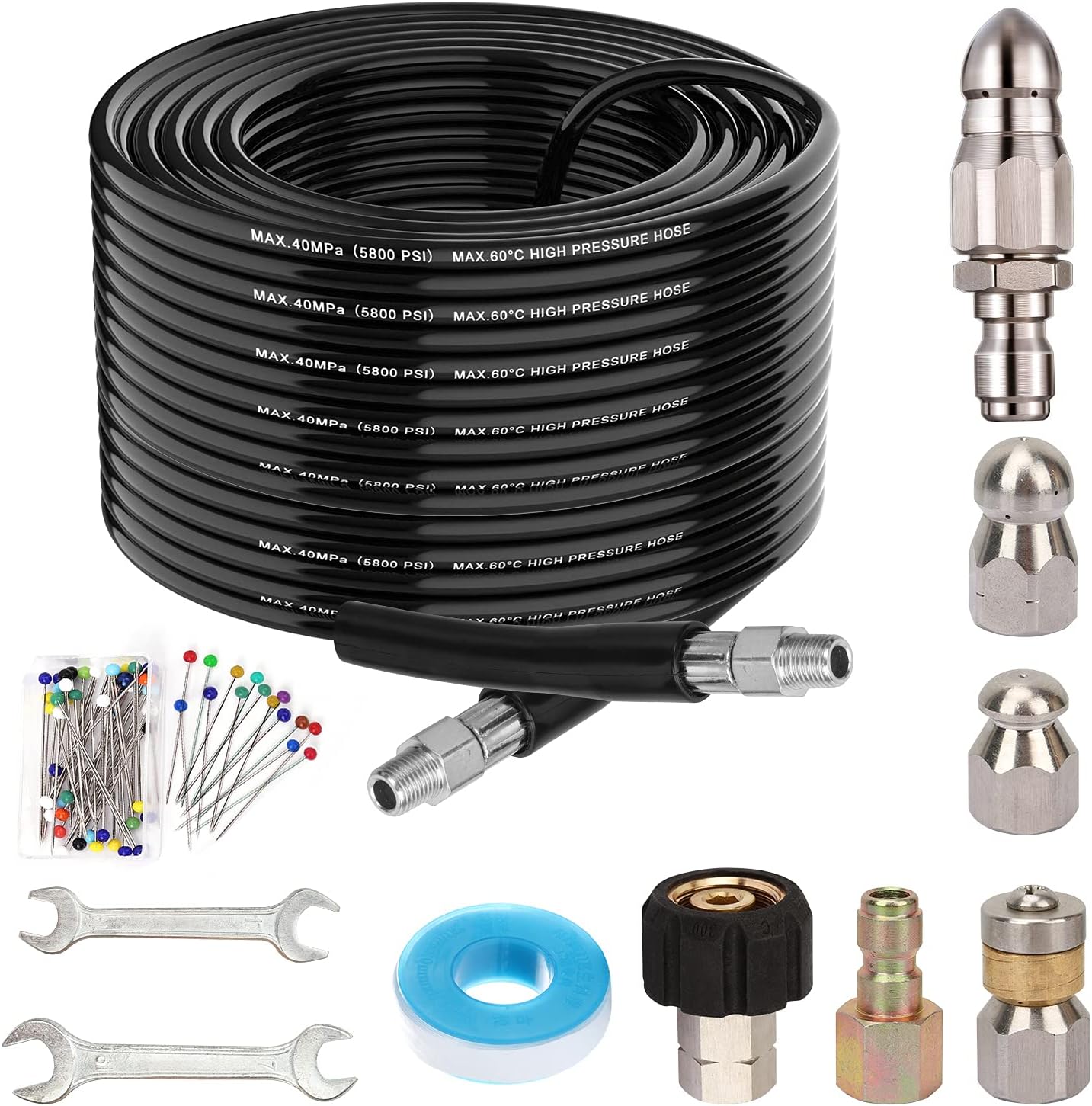 100FT Sewer Jetter Kit for Pressure Washer, 5800PSI Drain Cleaner Hose 1/4 Inch NPT Corner, Rotating and Button Nose Sewer Jetting Drain Jetter Hose Nozzle Pearl Corsage Pin Spanners Waterproof Tape Pack of 2
