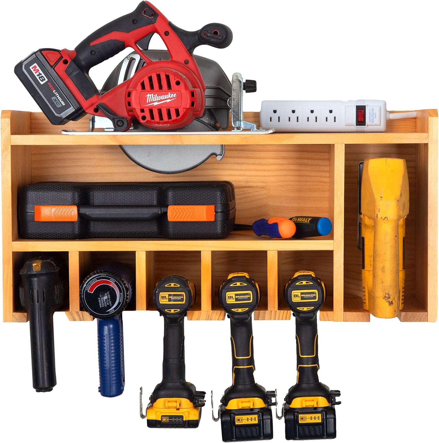 Power Tool Organizer for Garage - Fully Assembled Wood Tool Chest, 4 Drill Charging Station and Circular Saw Holder - Power Strip Included - Great Workshop Organization and Storage Gift for Men Pack of 2