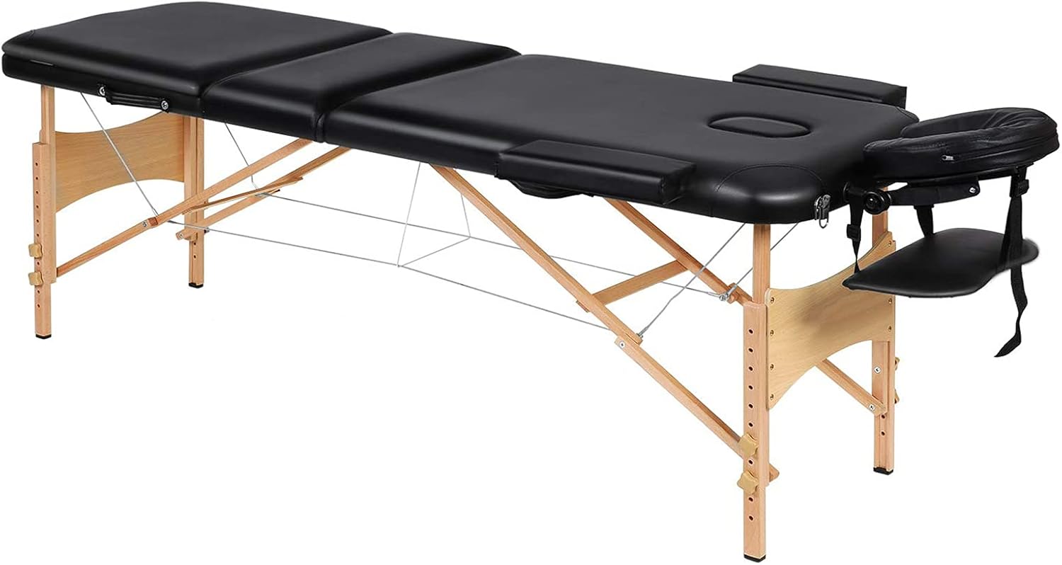 Folding Massage Table Professional Portable Massage Bed with 3 Sections Wooden Ergonomic Headrest for Therapy Tattoo Salon Spa Facial Treat
