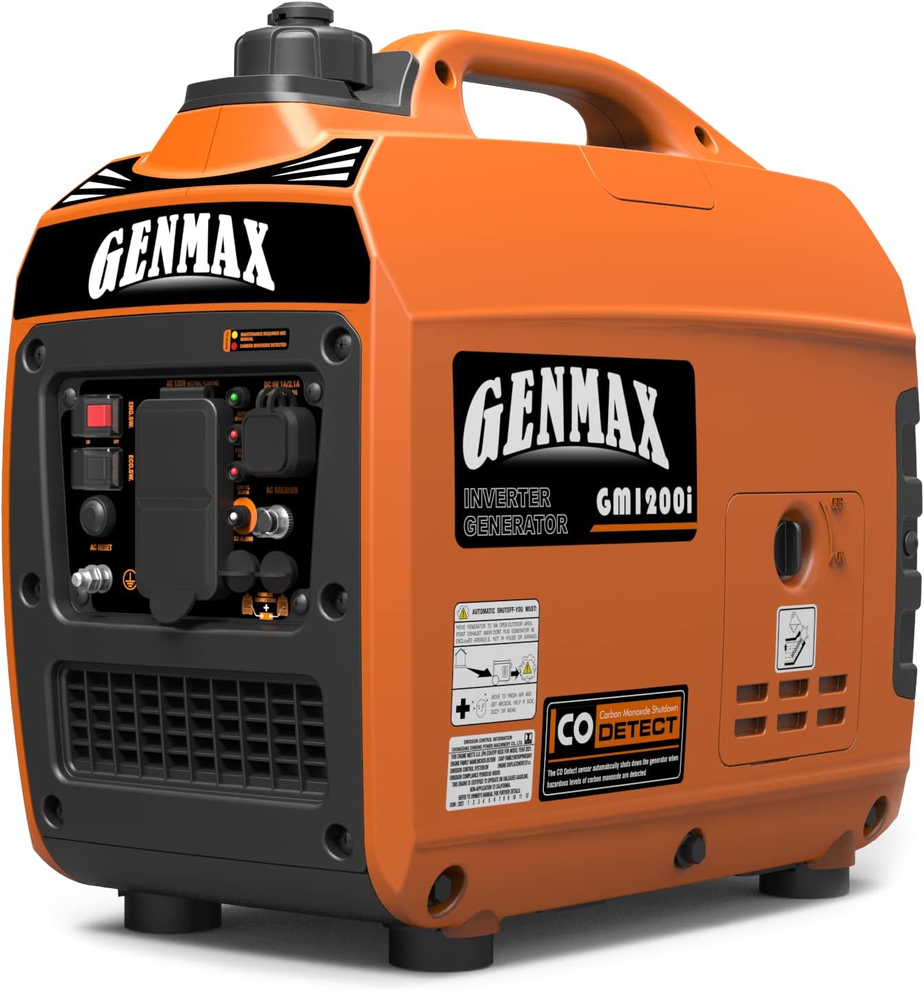 GENMAX Quiet Power Series Inverter Generator，Gas Powered, EPA Compliant, Eco-Mode Feature, Ultra Lightweight for Backup Home Use & Camping (GM1200i)