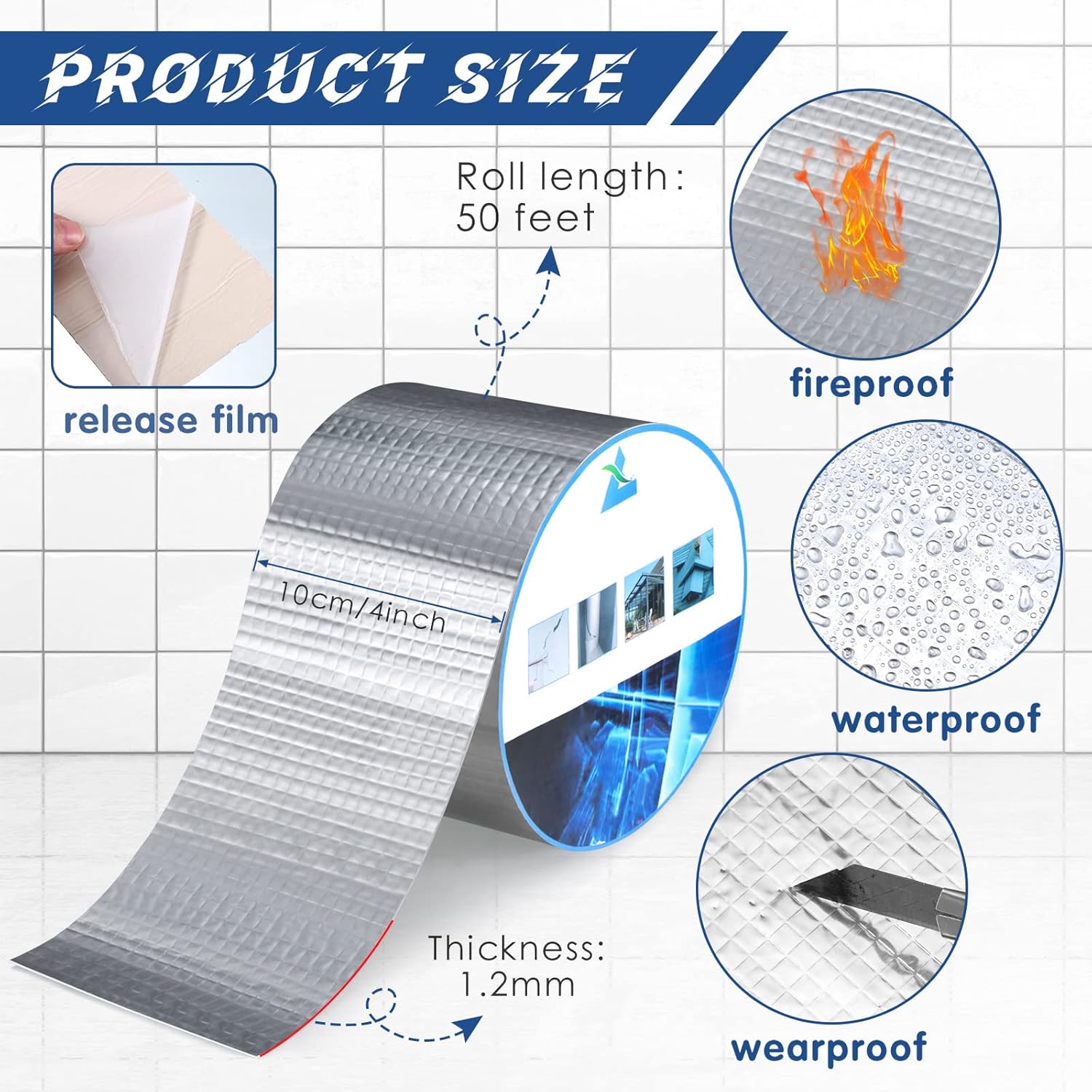 Waterproof Butyl Tape 4 Inches x 50 Feet UV Resistant Leak Repair Tape Aluminum Foil Waterproof Tape for Leaks Waterproof Exterior Tape for Window Metal Roof Boat Pipe RV Awning Sail Patching Sealing Pack of 2